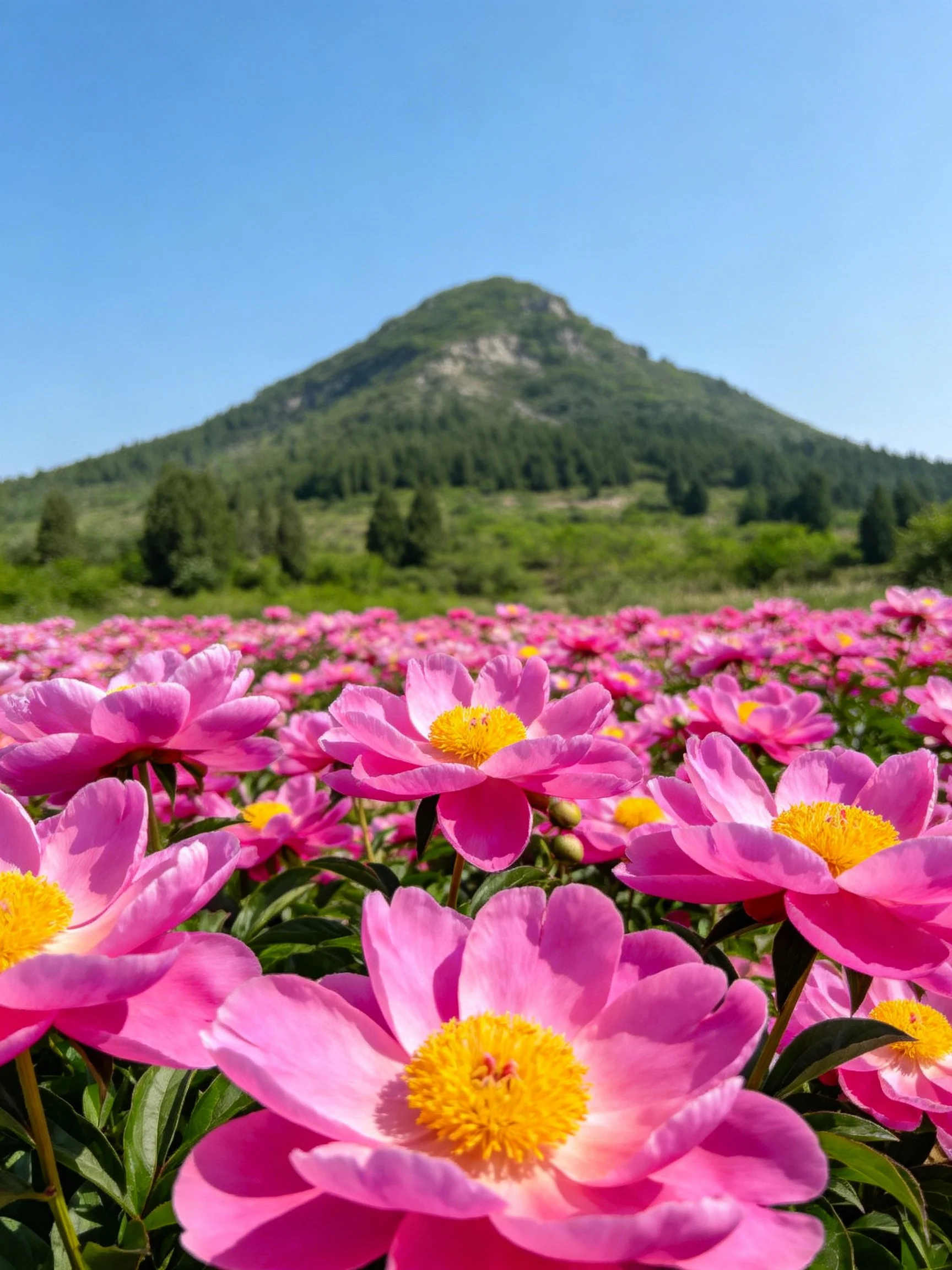 Vibrant pink peony field near forested mountain