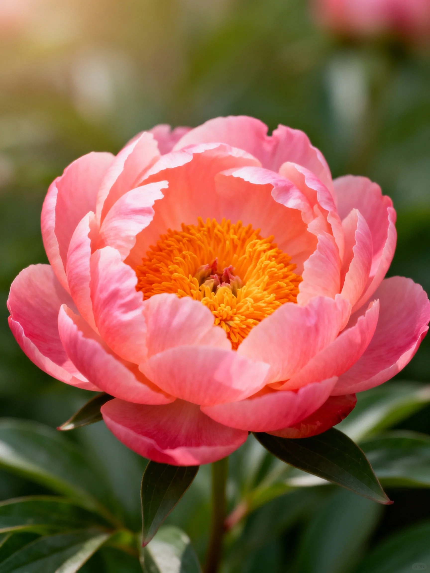 Vibrant pink peony flower with golden-orange center