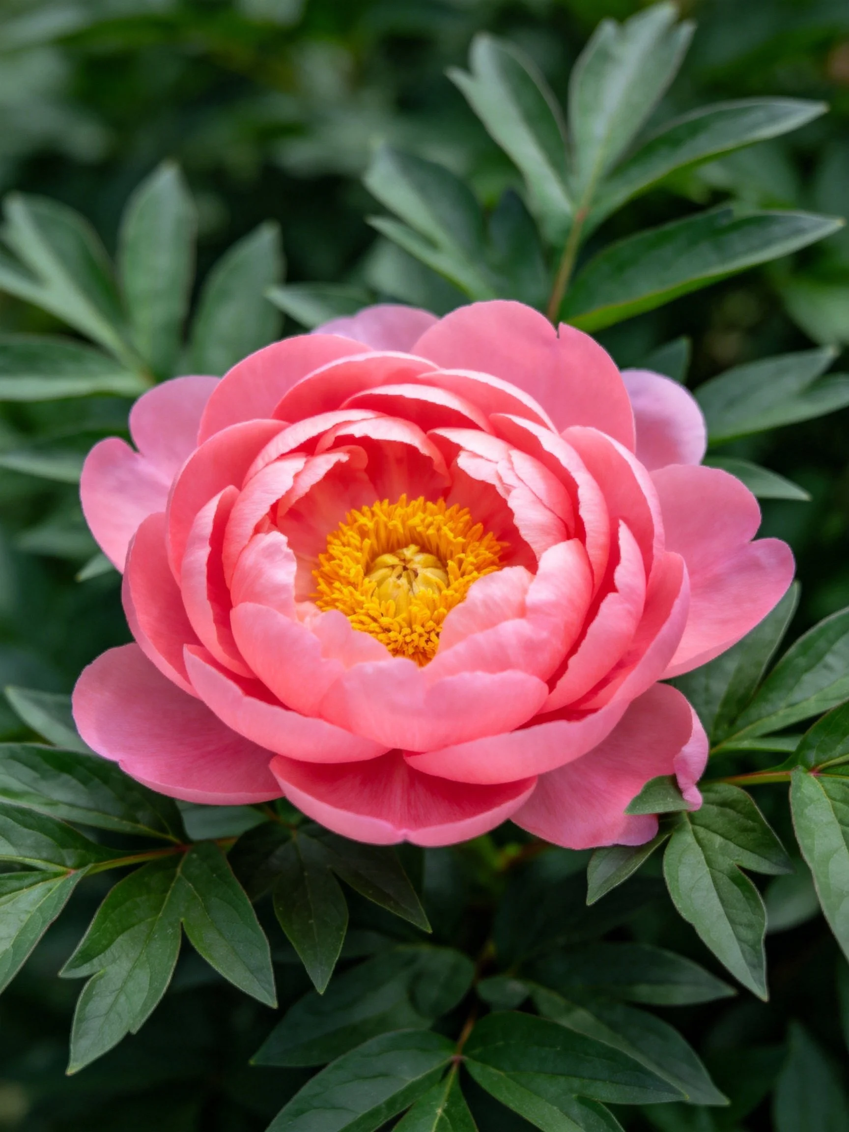 Vibrant pink peony flower with yellow center amid lush green foliage