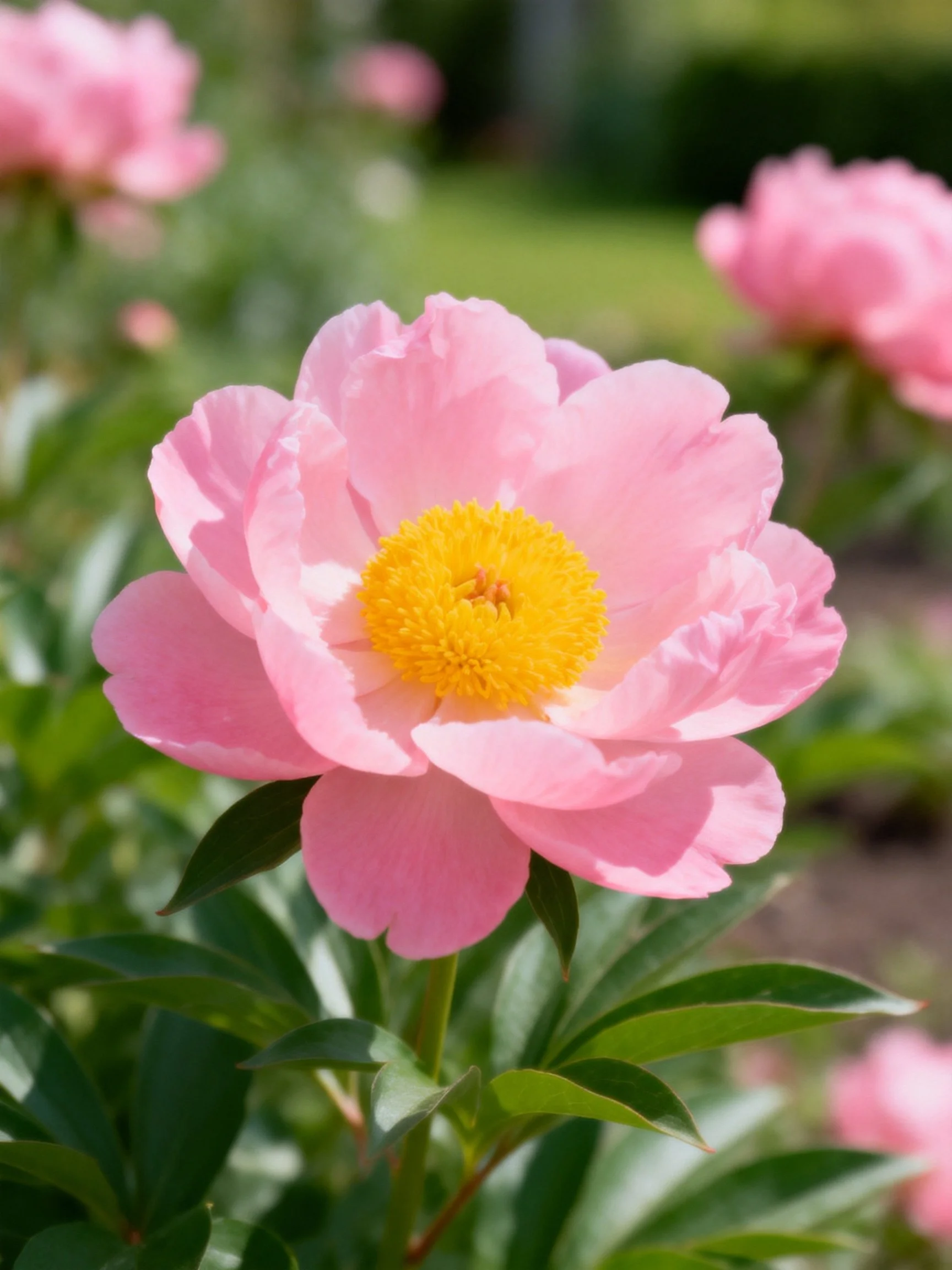 Vibrant pink peony with bright yellow center amid green foliage