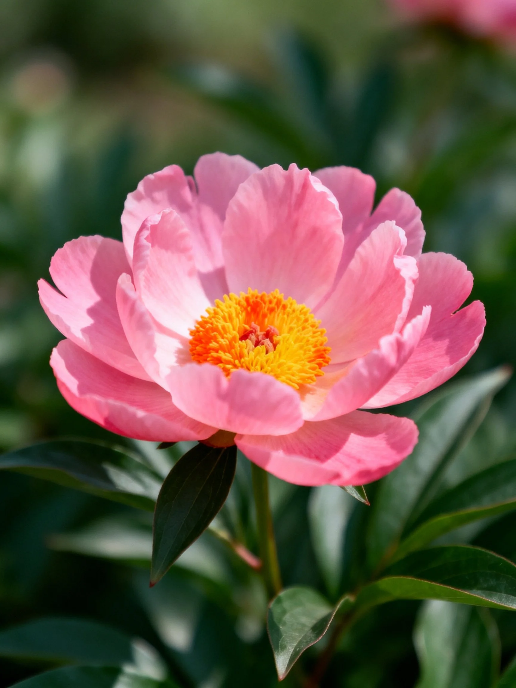 Vibrant pink peony with bright yellow-orange center and green foliage