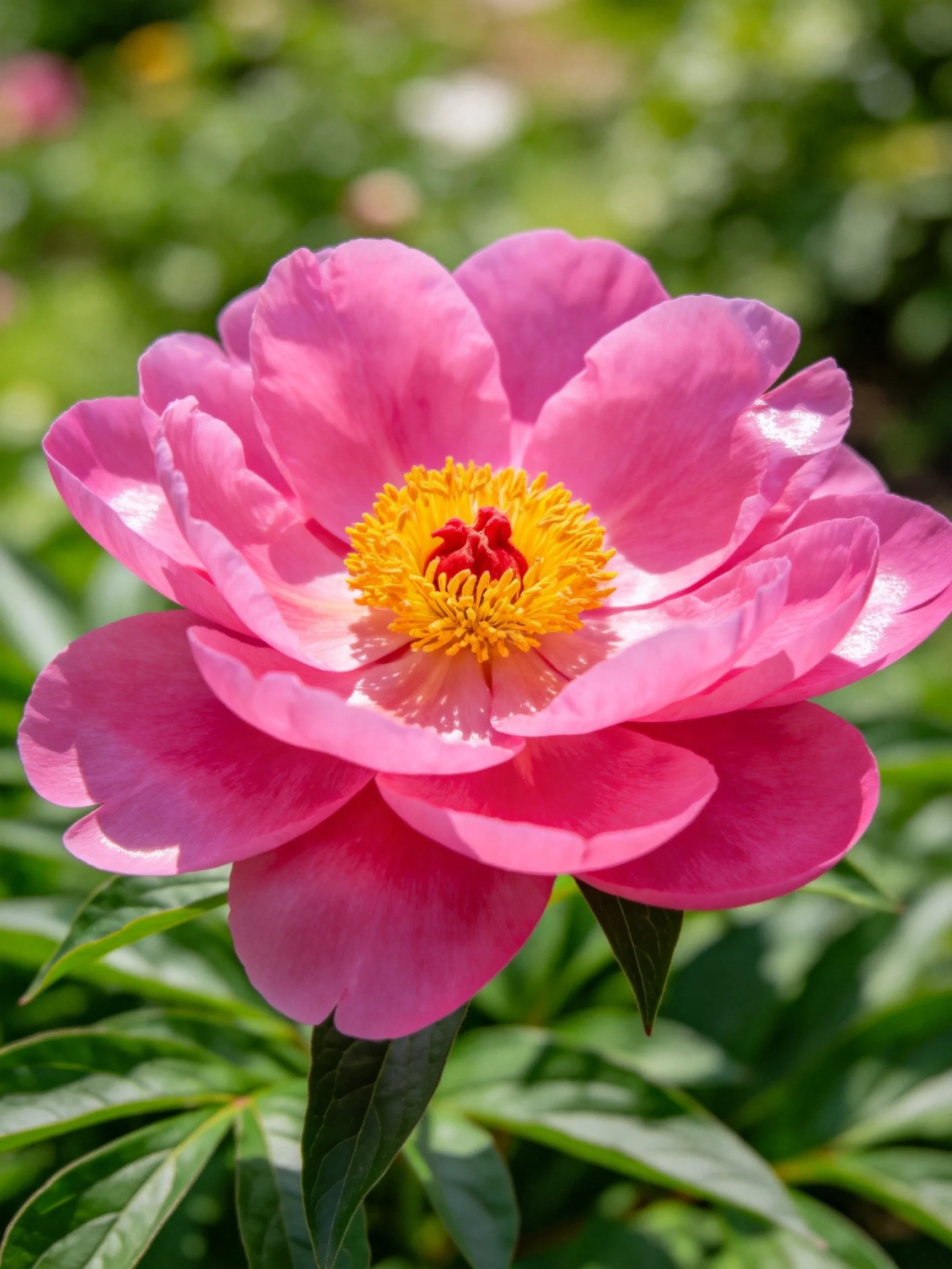 Vibrant pink peony with golden center amidst green foliage