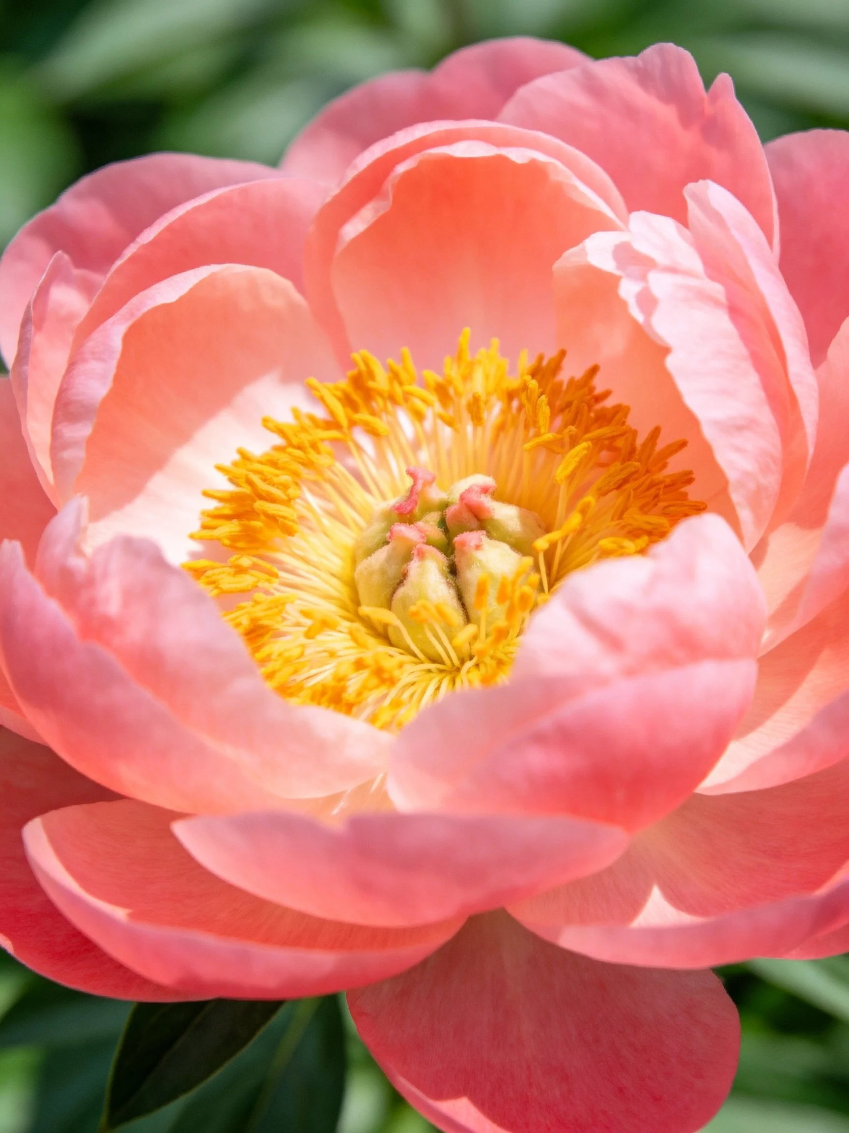 Vibrant pink peony with golden center