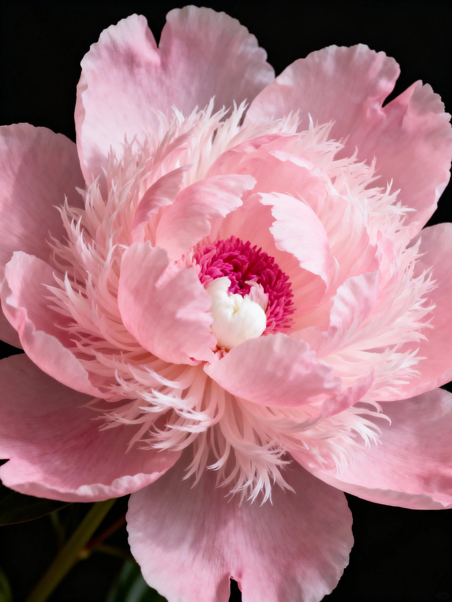 Vibrant pink peony with layered petals and contrasting center