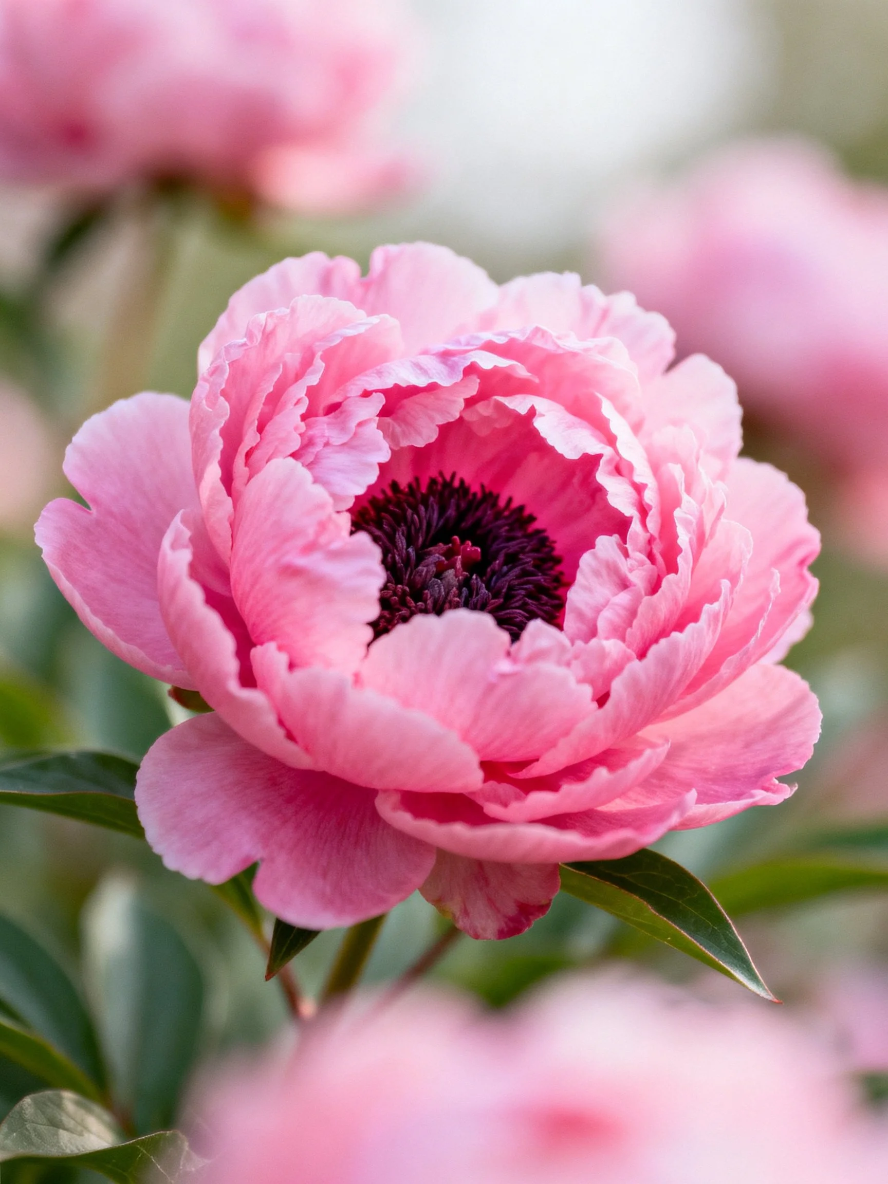 Vibrant pink peony with layered petals and dark center