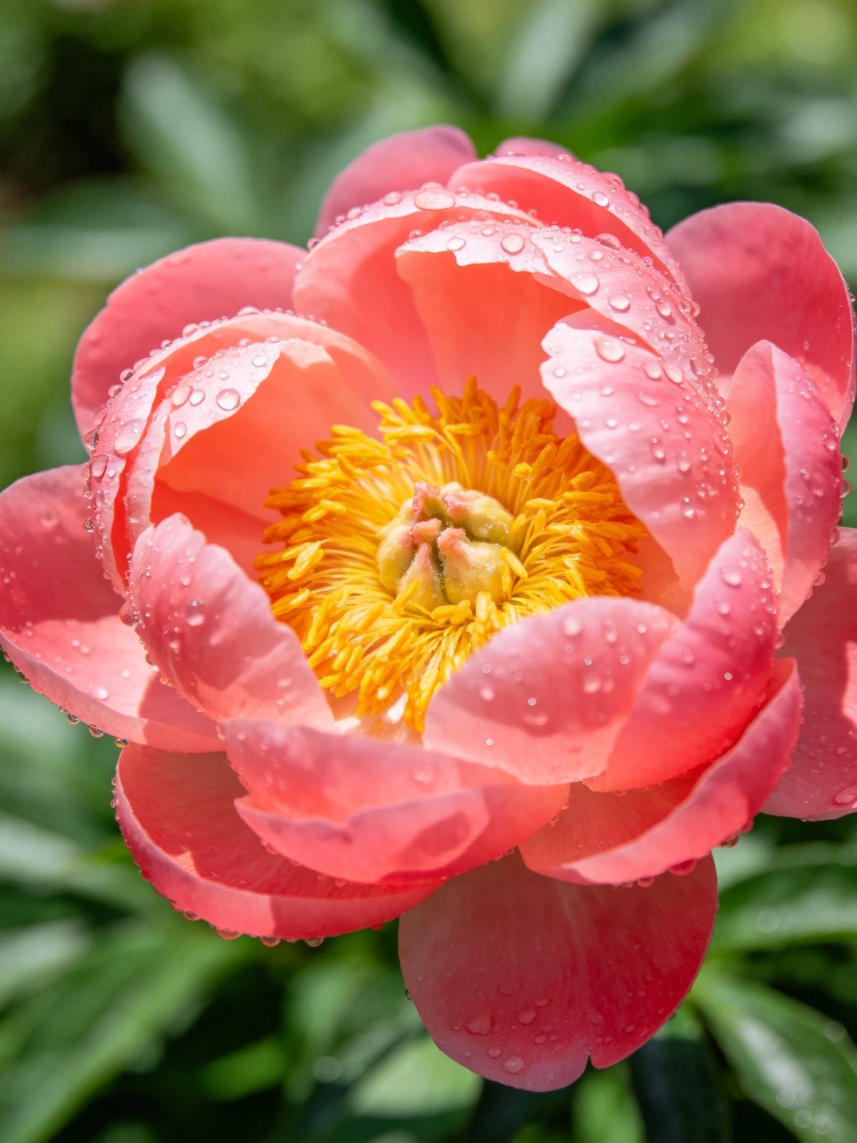 Vibrant pink peony with water droplets and golden center