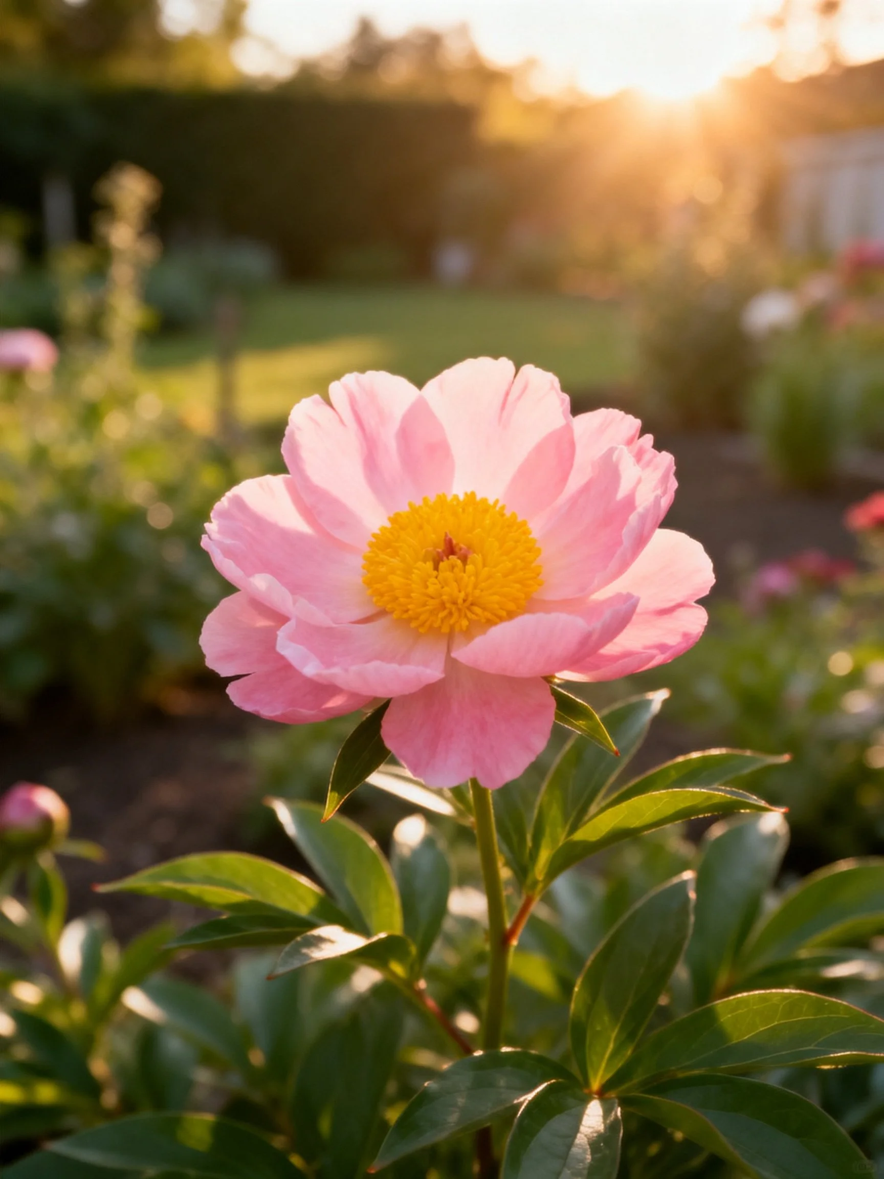 Vibrant pink peony with yellow center in sunlit garden