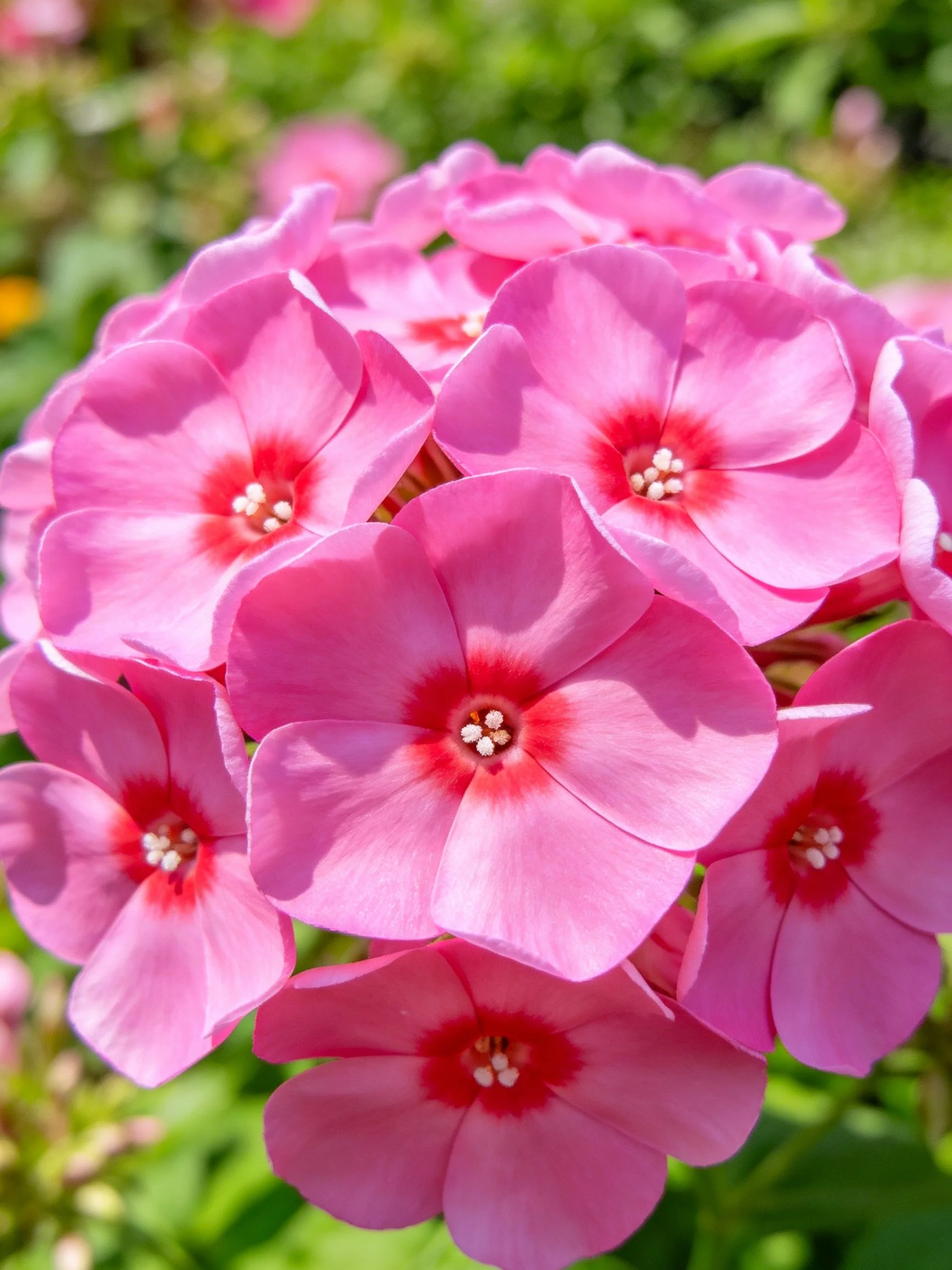 Vibrant pink phlox blooms clustered densely with red centers
