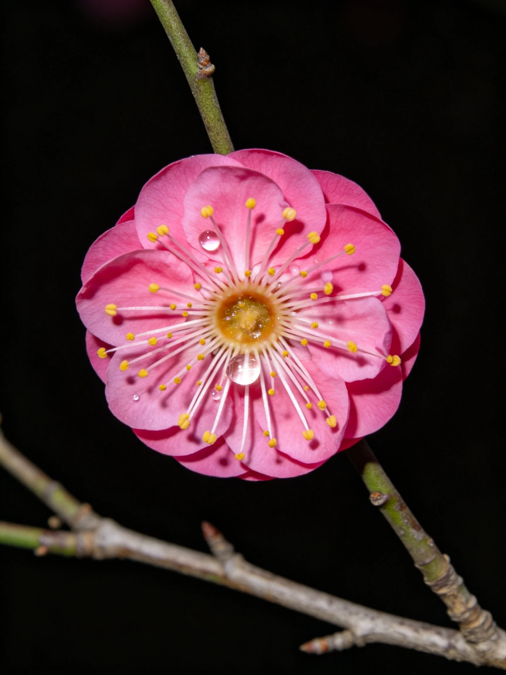 Vibrant pink plum blossom with water droplets on a dark backdrop