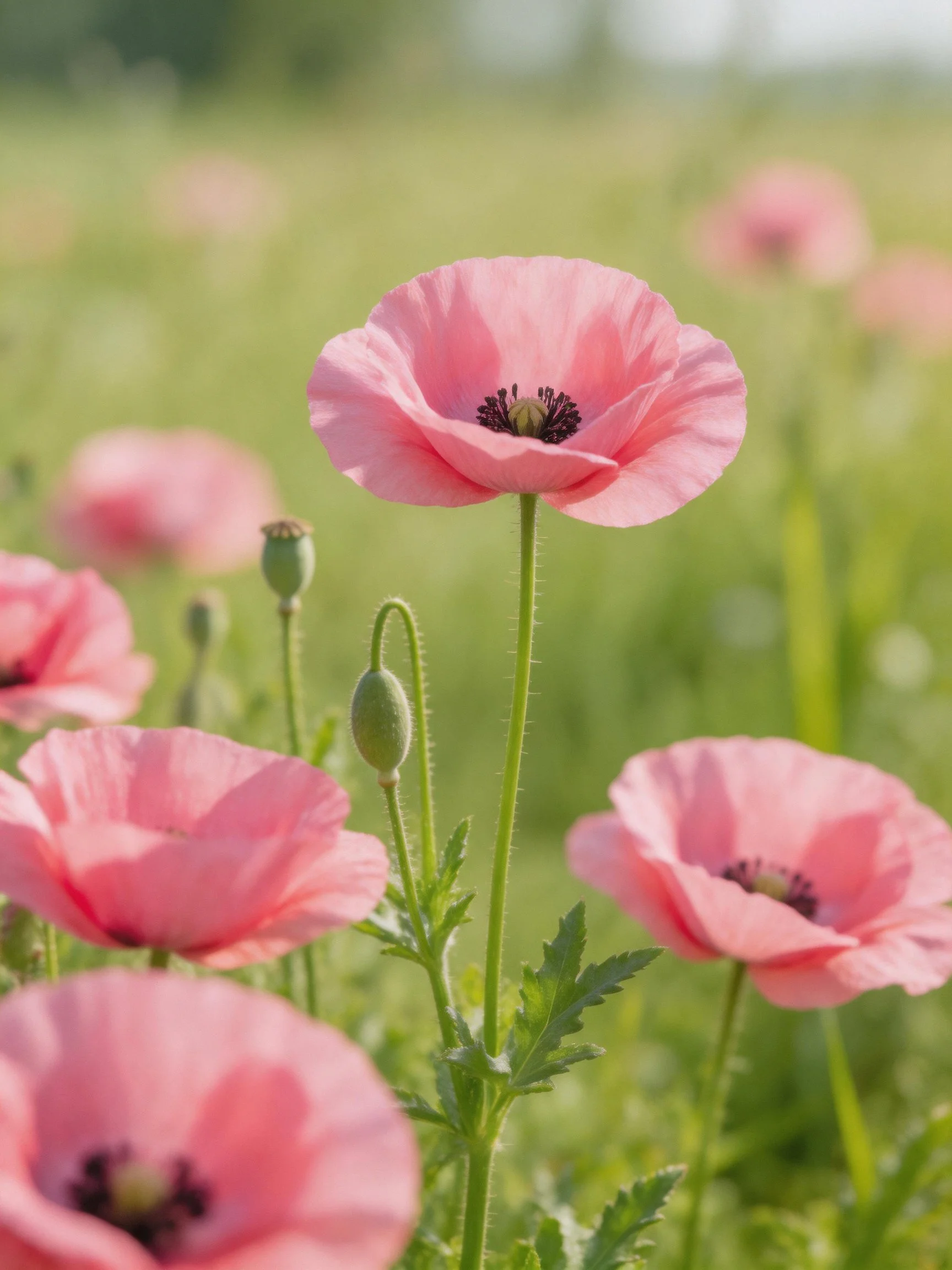 Vibrant pink poppies bloom among lush green foliage in a sunlit meadow.