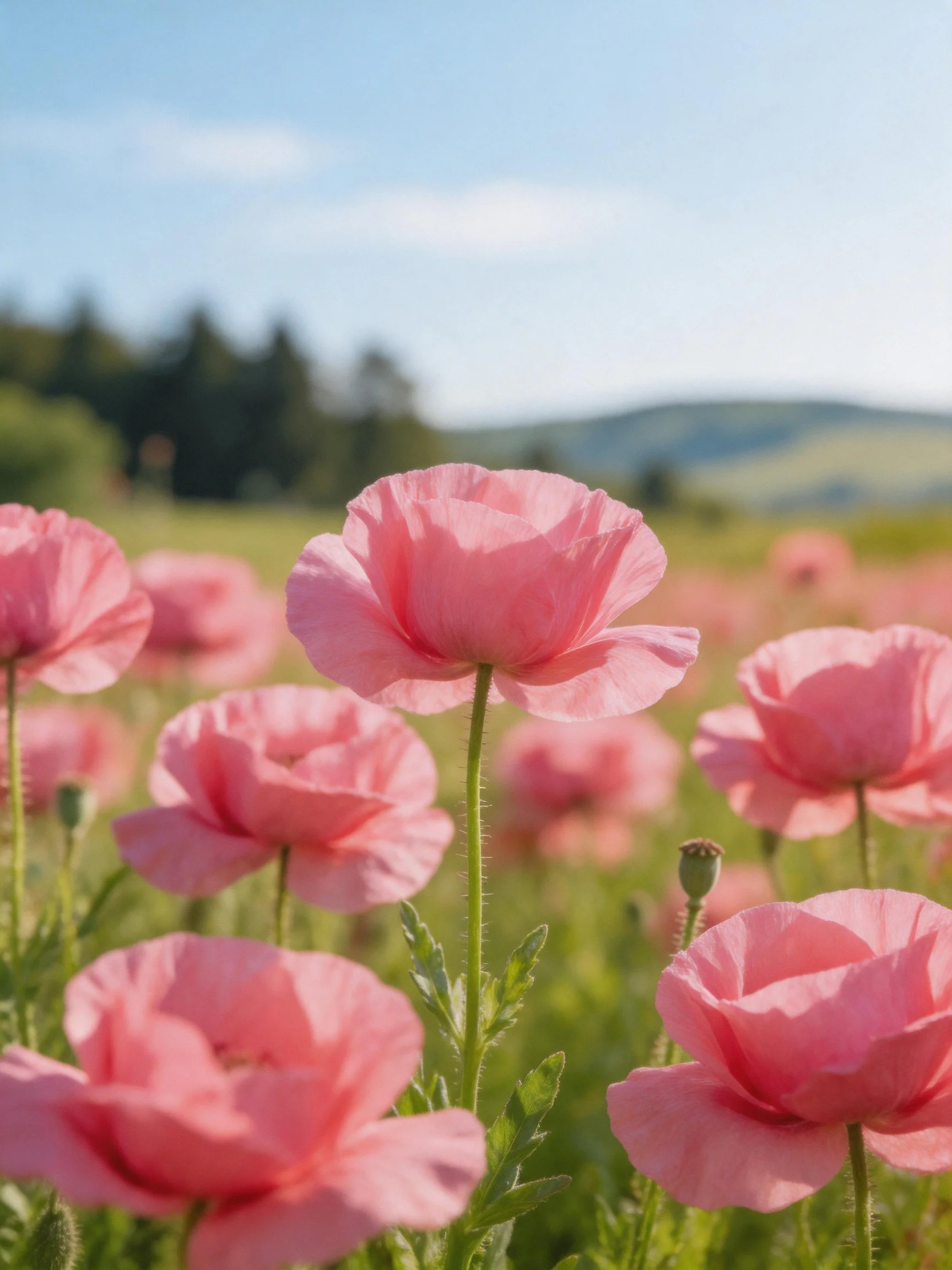 Vibrant pink poppies bloom profusely in a sunlit meadow