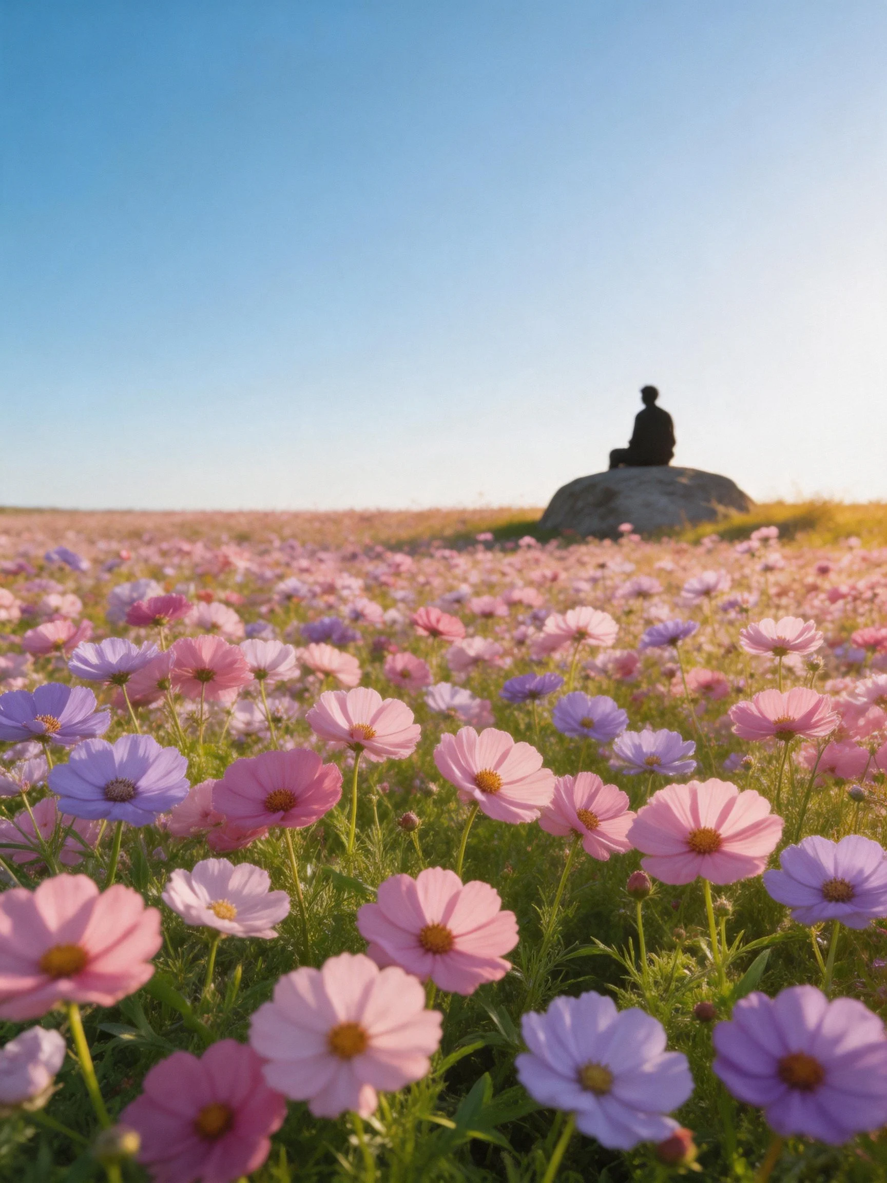 Vibrant pink-purple flower field with a seated figure on a rock under clear sky