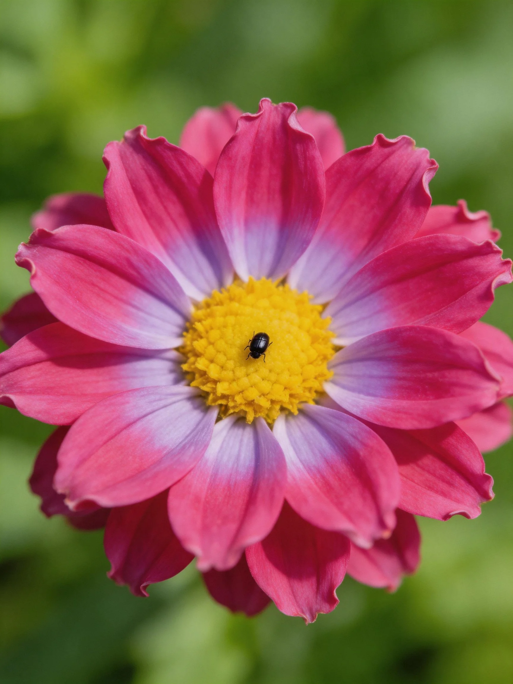 Vibrant pink-purple flower with yellow center and insect