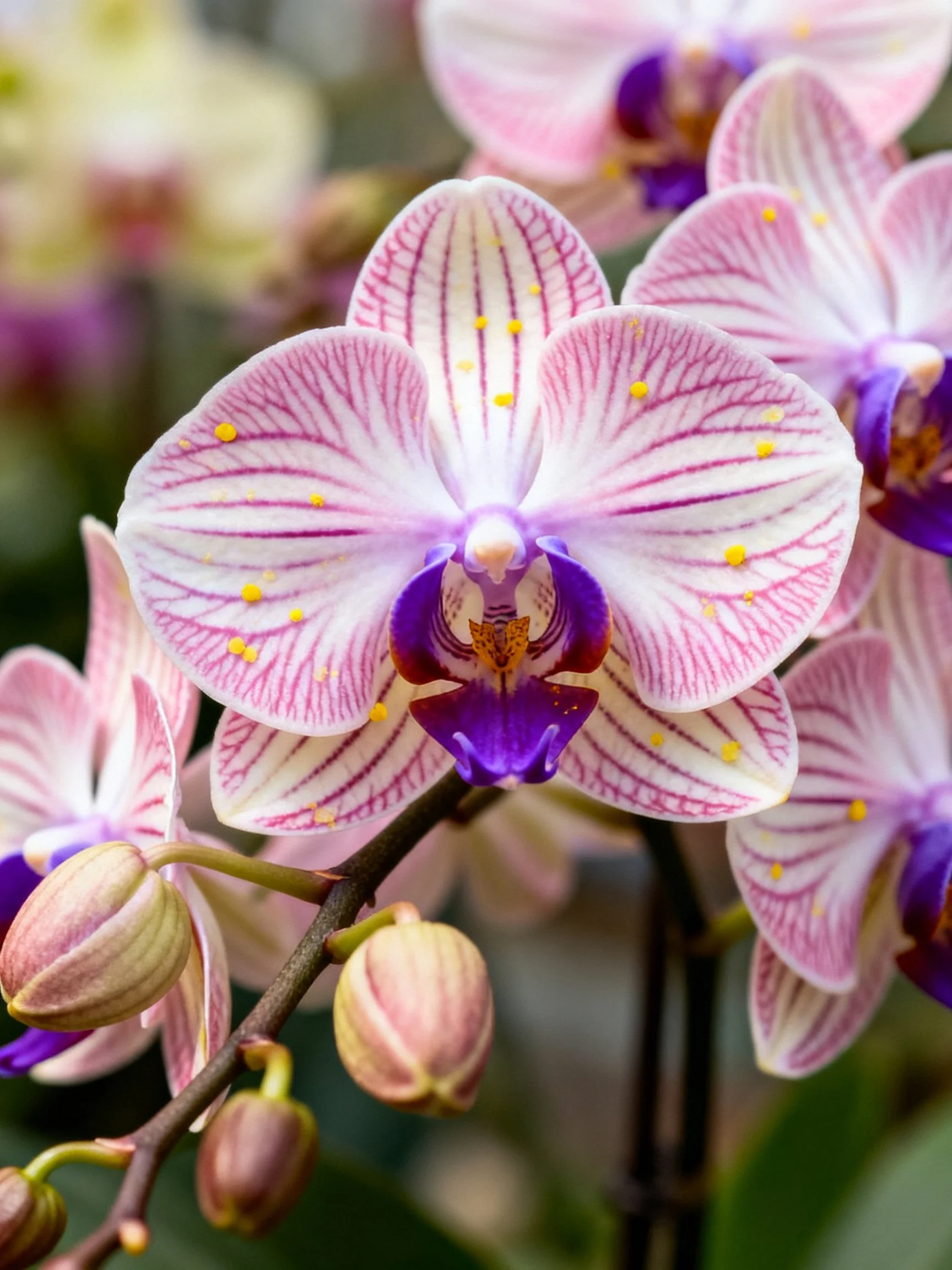Vibrant pink-purple striped orchids with yellow stamens