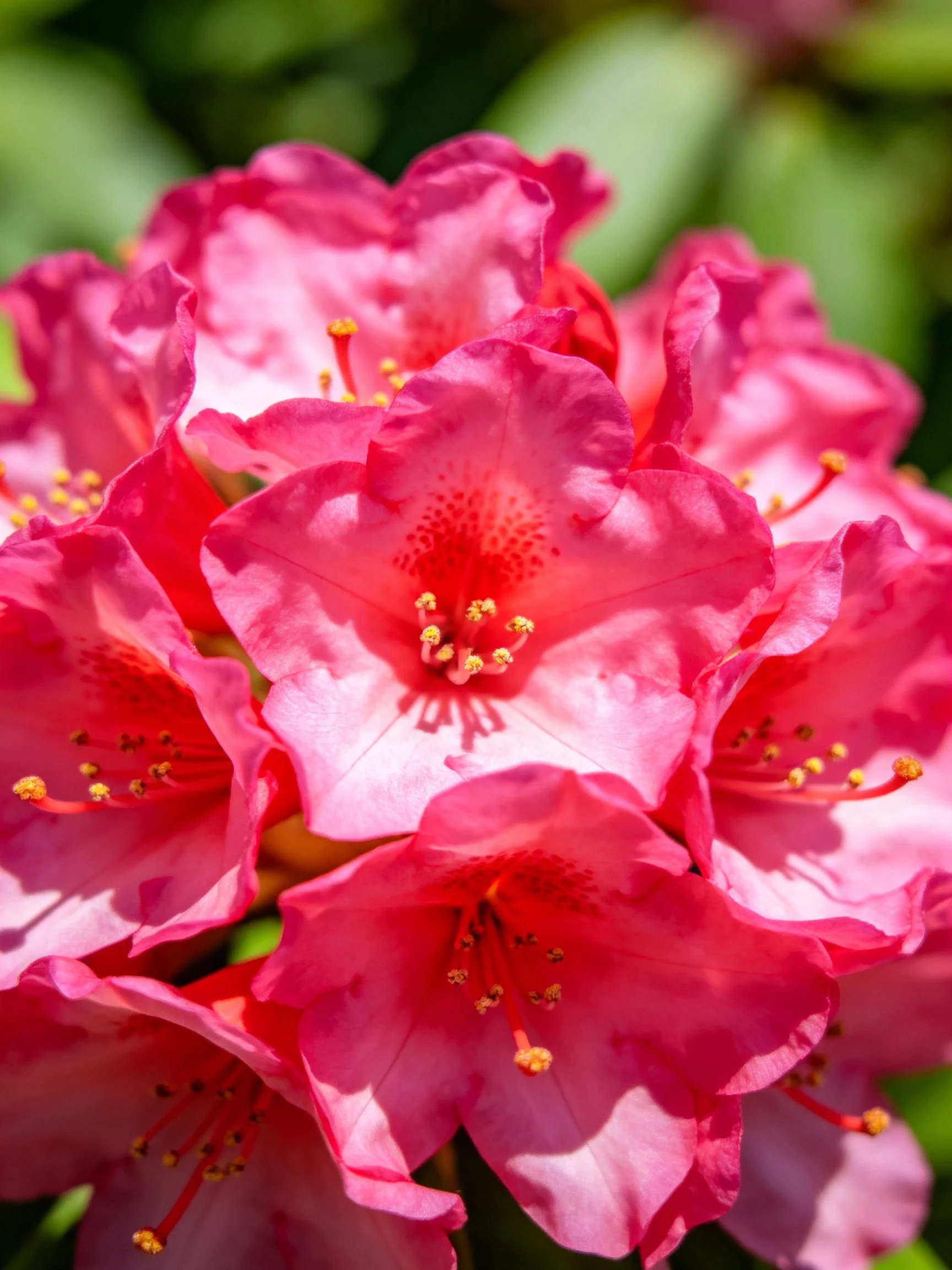 Vibrant pink rhododendron blooms clustered densely