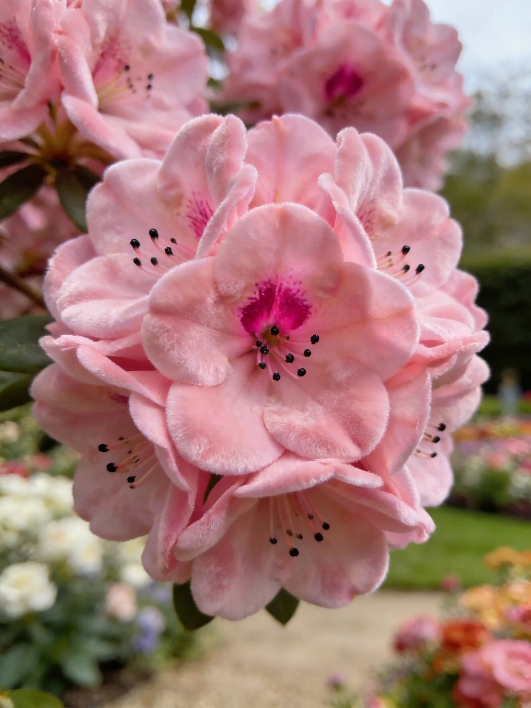 Vibrant pink rhododendron blooms in a garden scene