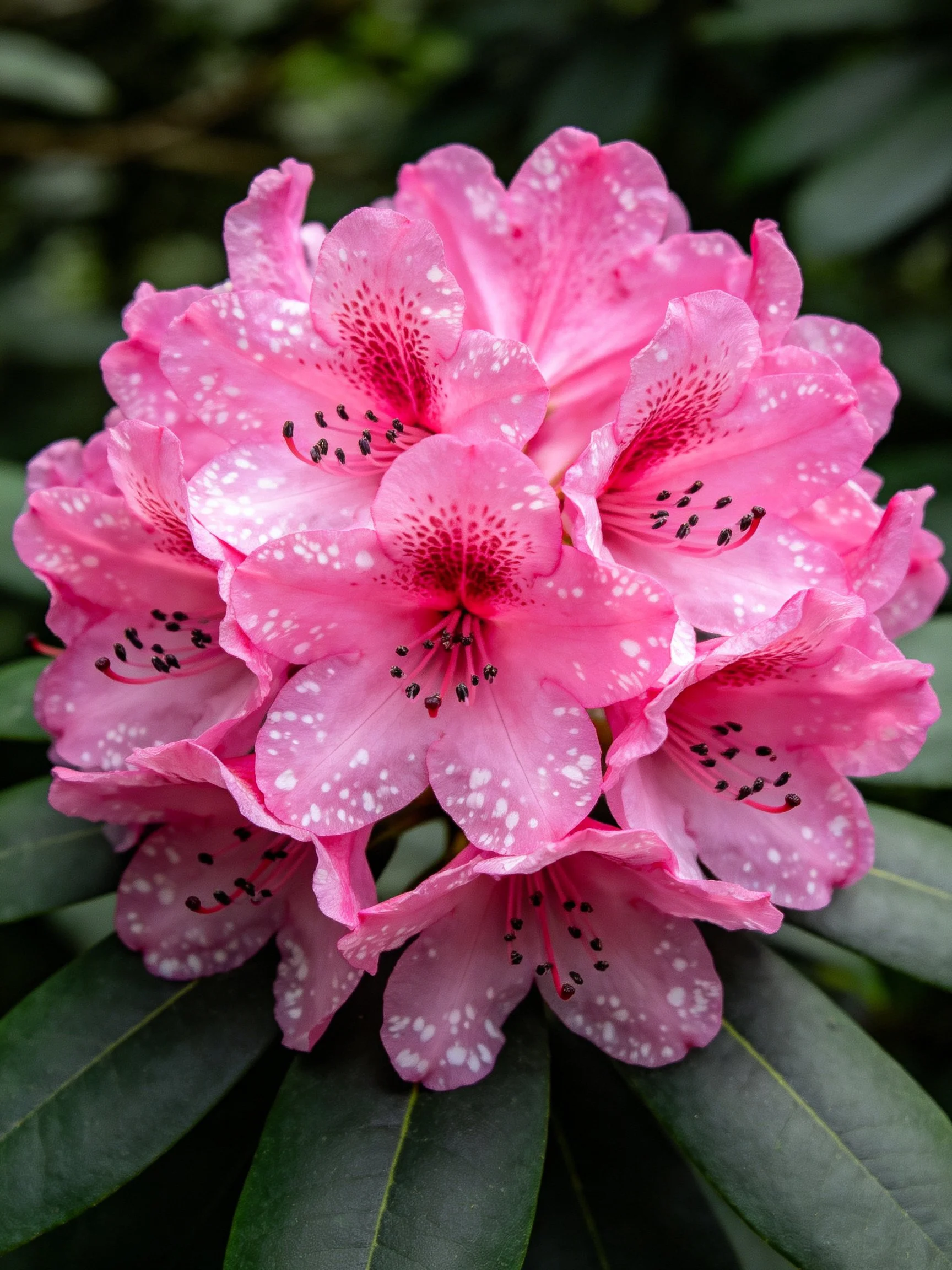 Vibrant pink rhododendron blooms with white speckles