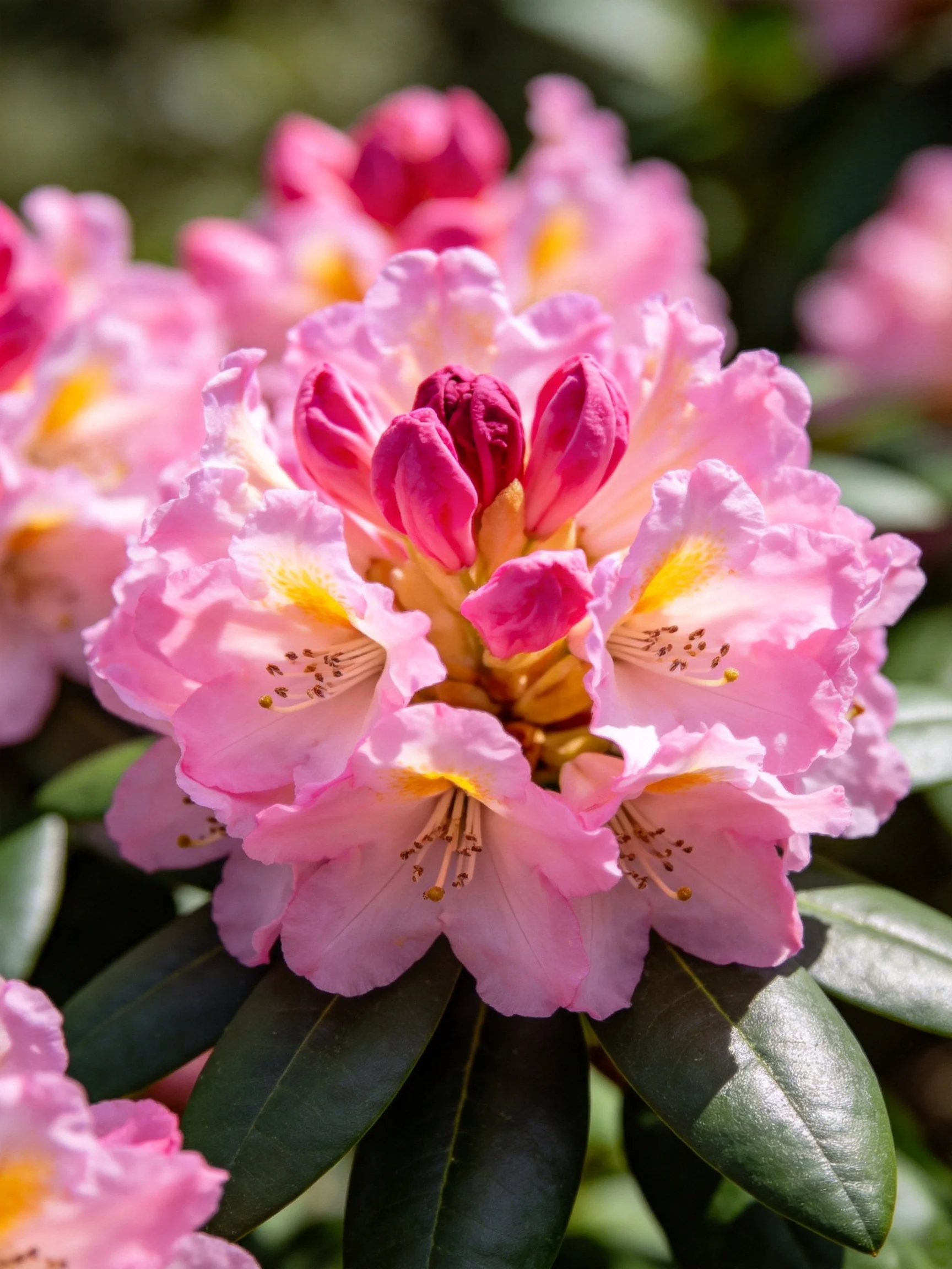 Vibrant pink rhododendron blooms with yellow centers and dark green leaves