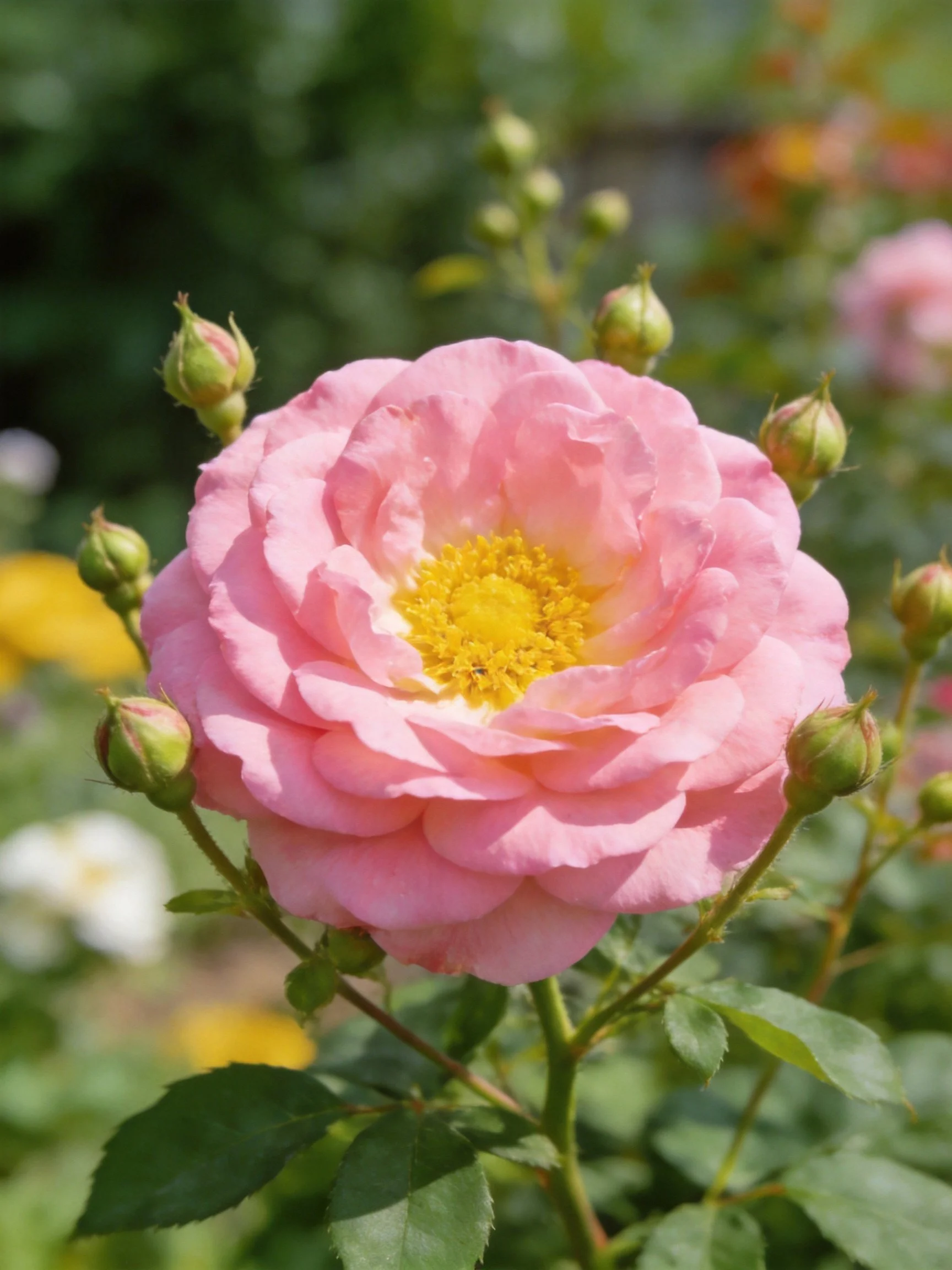 Vibrant pink rose blooms amid green buds in a lush garden