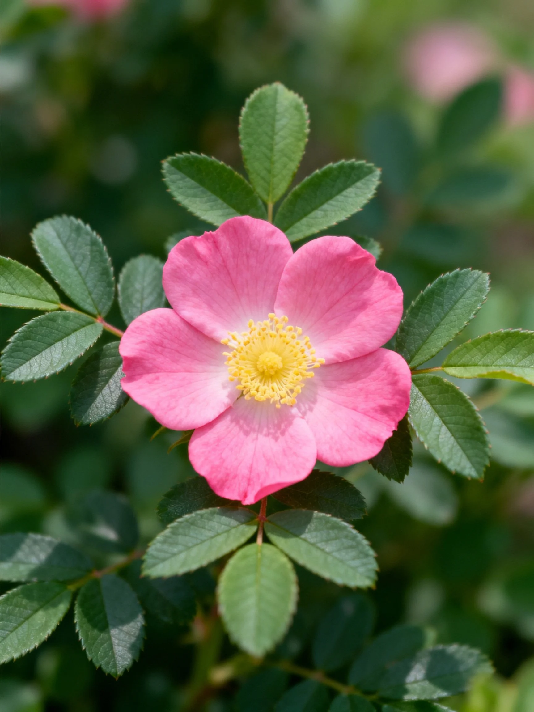 Vibrant pink rose blossom with lush green leaves