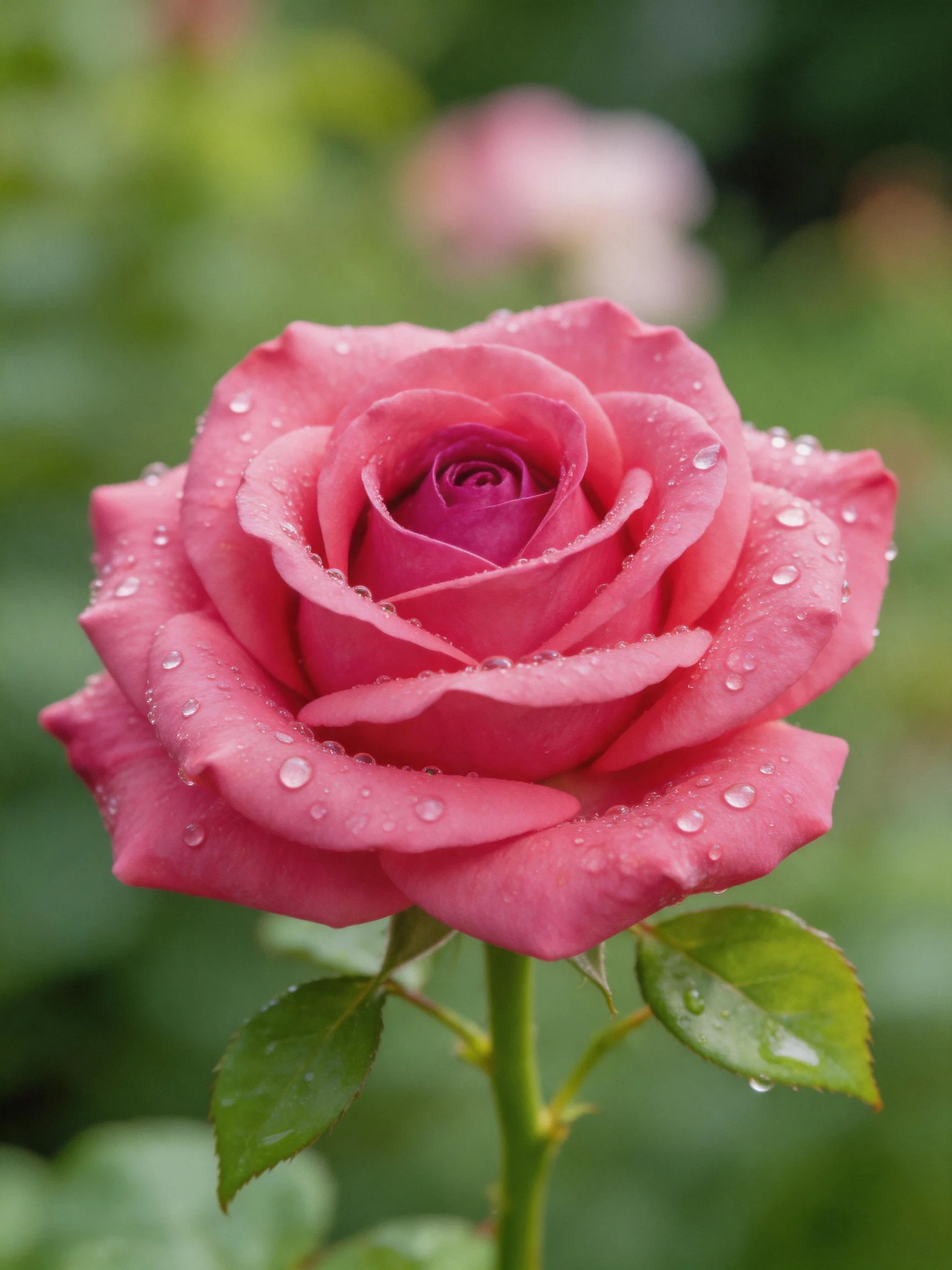 Vibrant pink rose covered in glistening water droplets