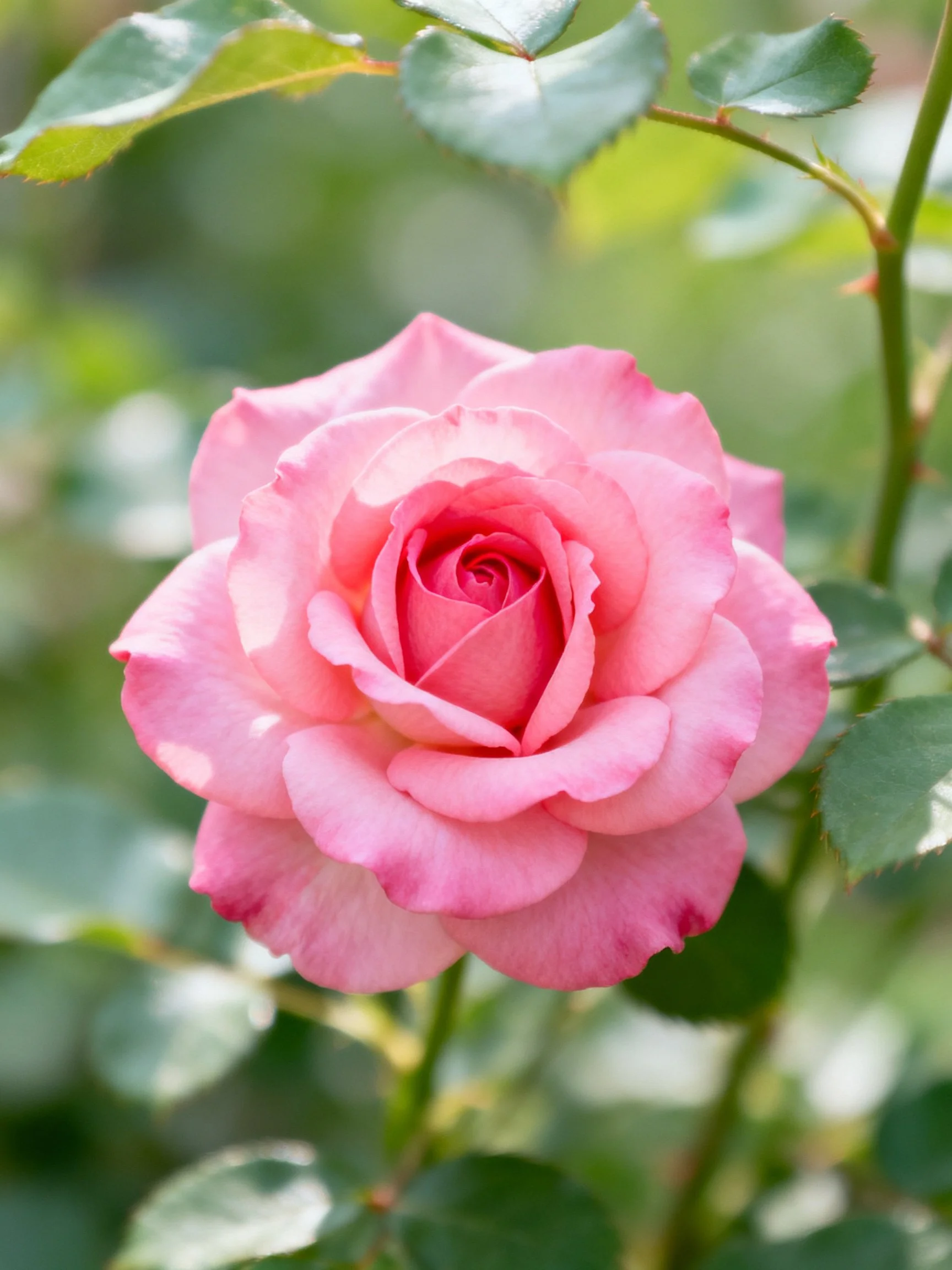 Vibrant pink rose in full bloom with lush green leaves