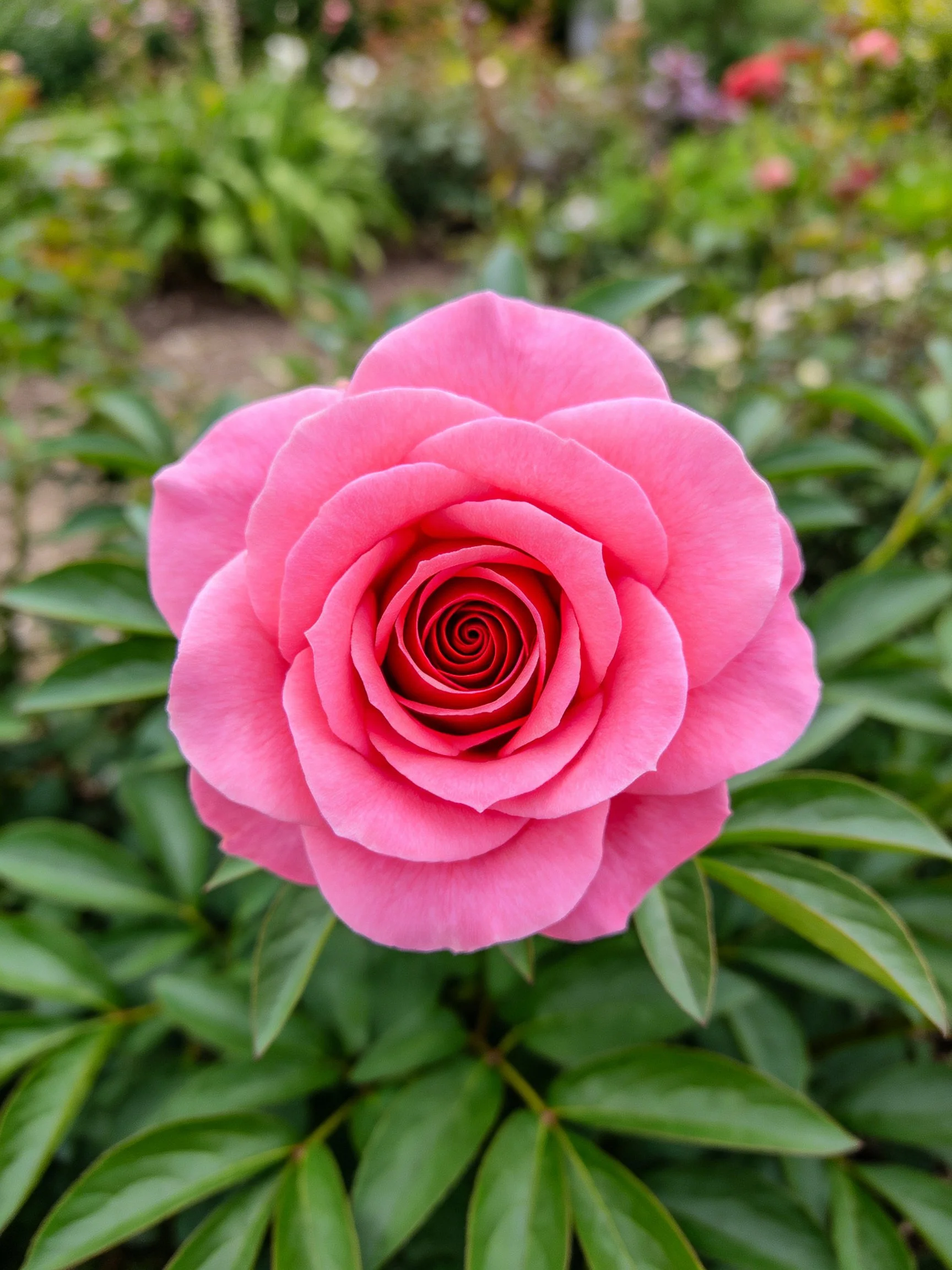 Vibrant pink rose with layered petals among green foliage