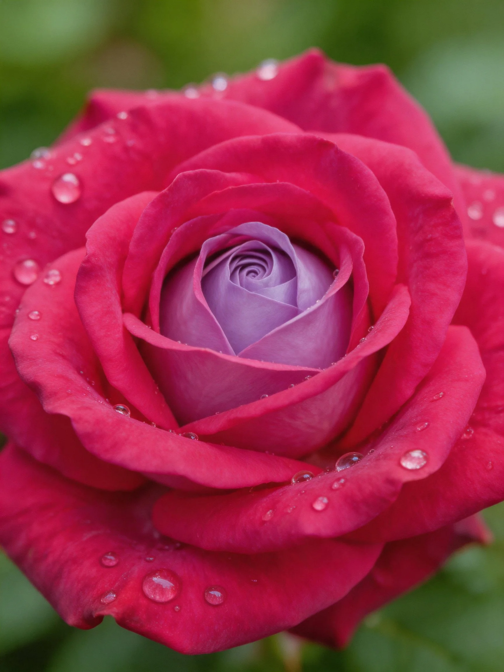 Vibrant pink rose with purple center and water droplets