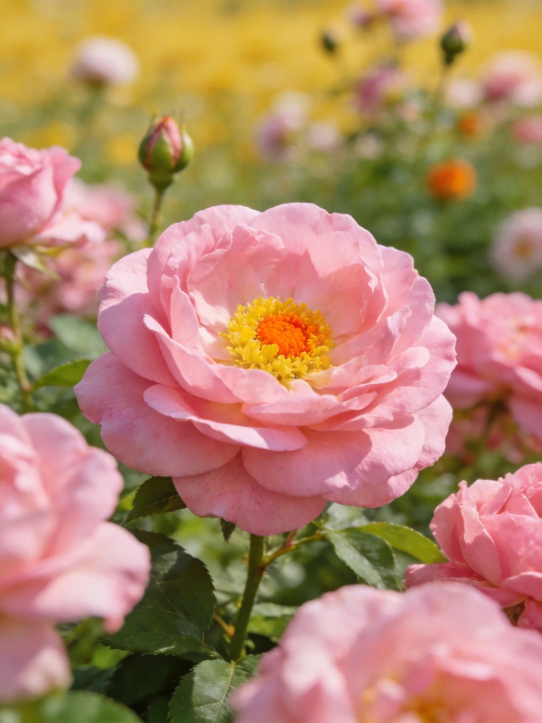 Vibrant pink roses bloom among green foliage and blurred flowers