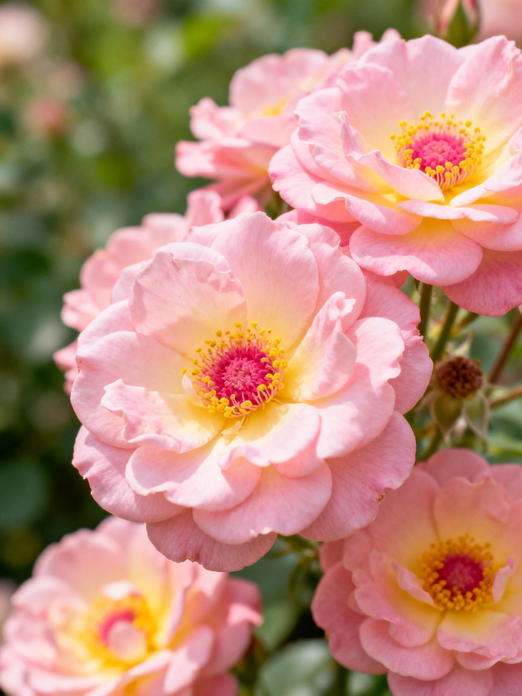 Vibrant pink roses with layered petals and yellow centers