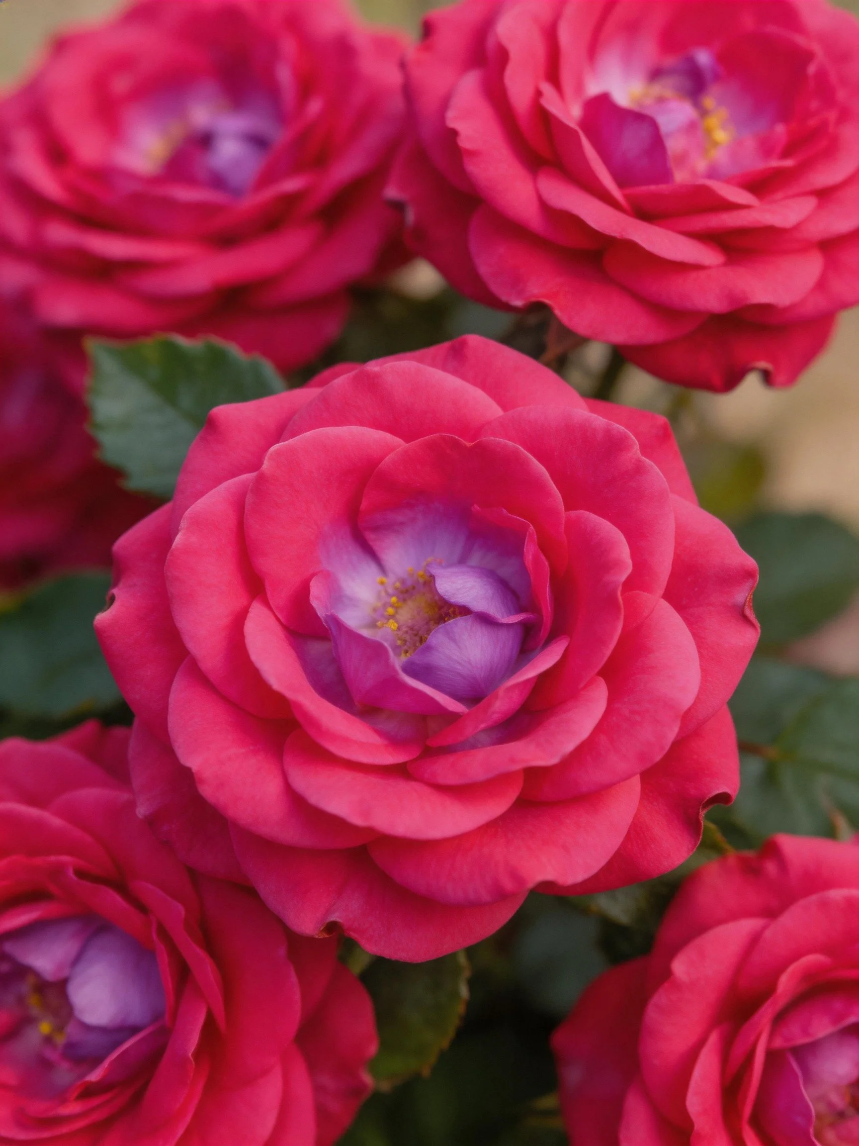 Vibrant pink roses with purple centers clustered among green leaves