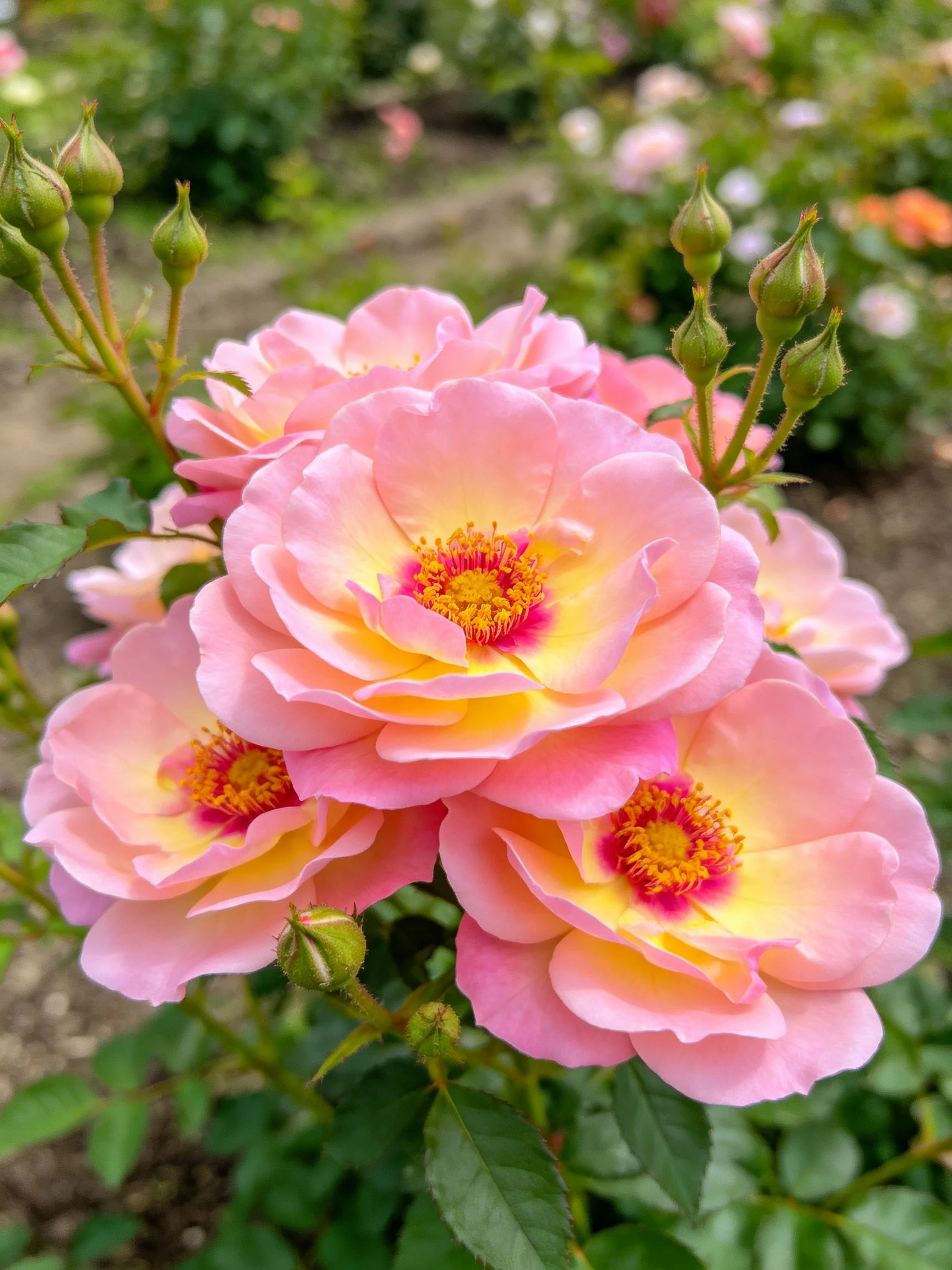 Vibrant pink roses with yellow centers blooming in a lush garden