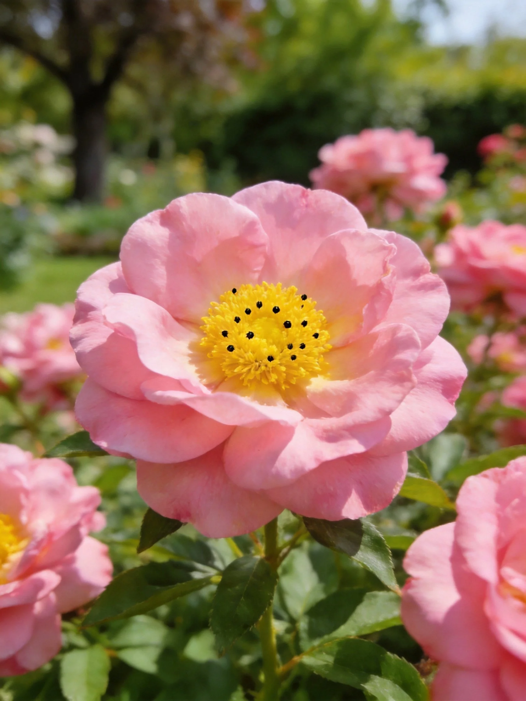 Vibrant pink roses with yellow centers in a lush garden