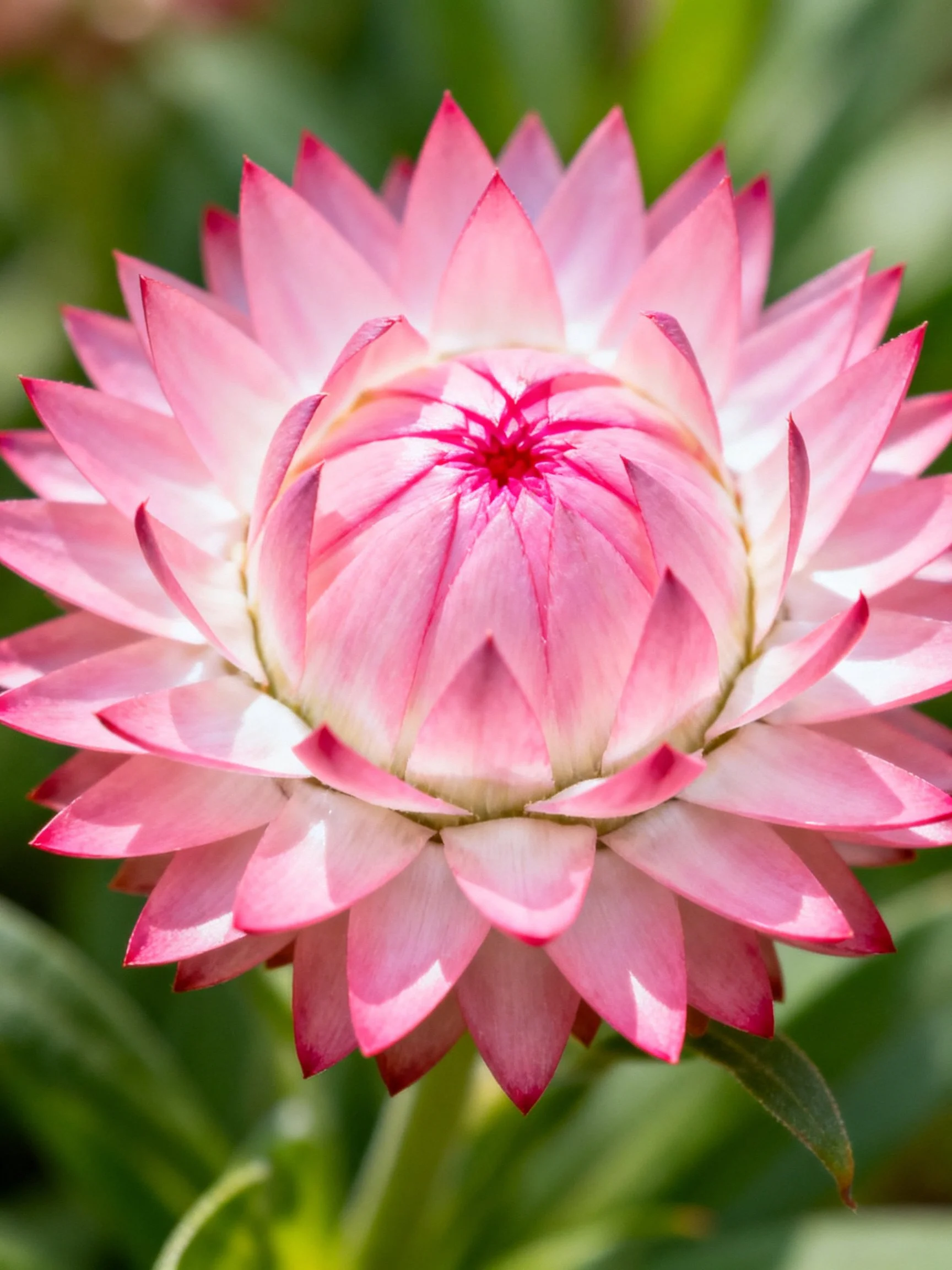 Close - up of a vibrant pink strawflower with layered petals.