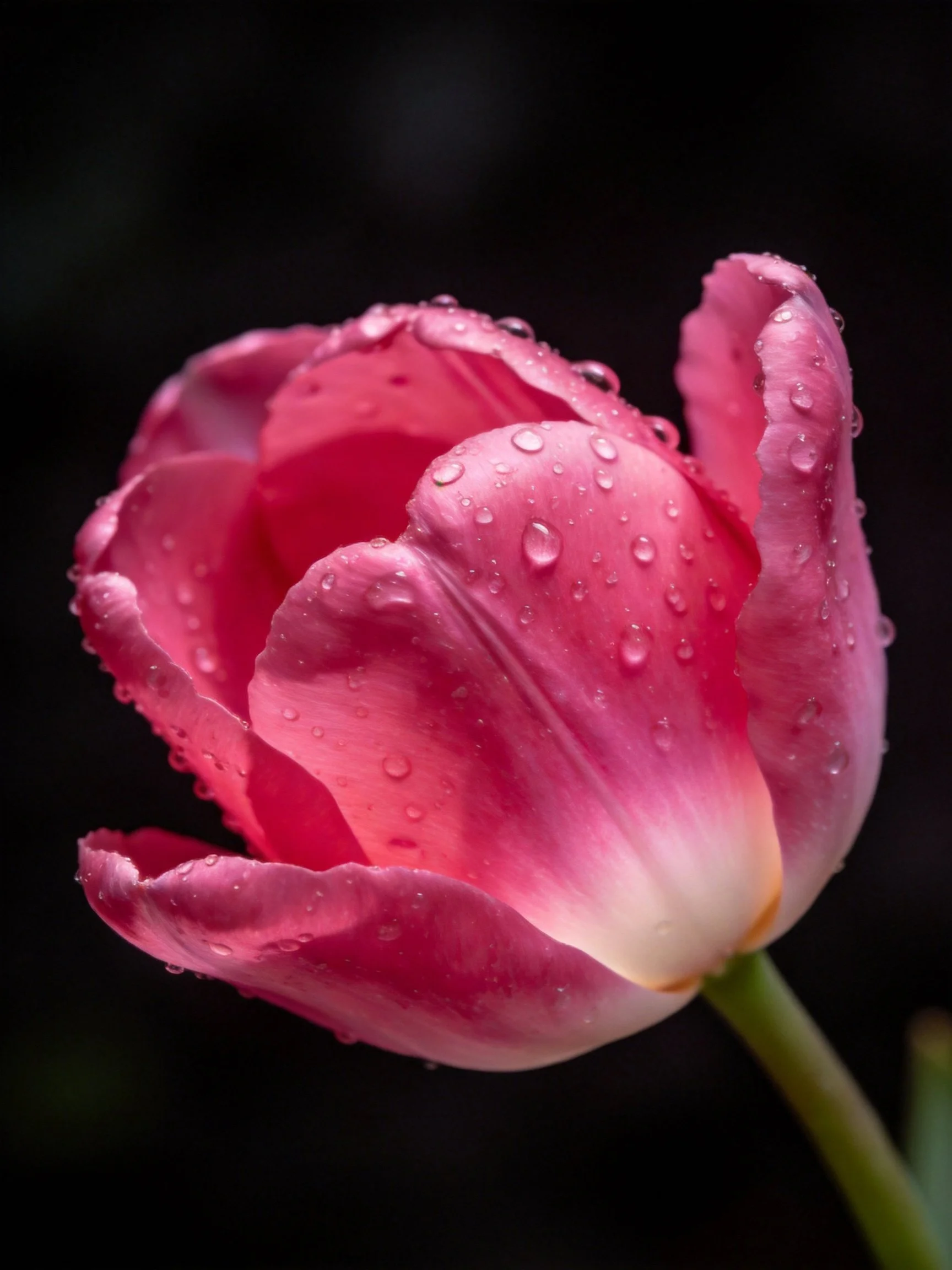 Vibrant pink tulip adorned with glistening water droplets