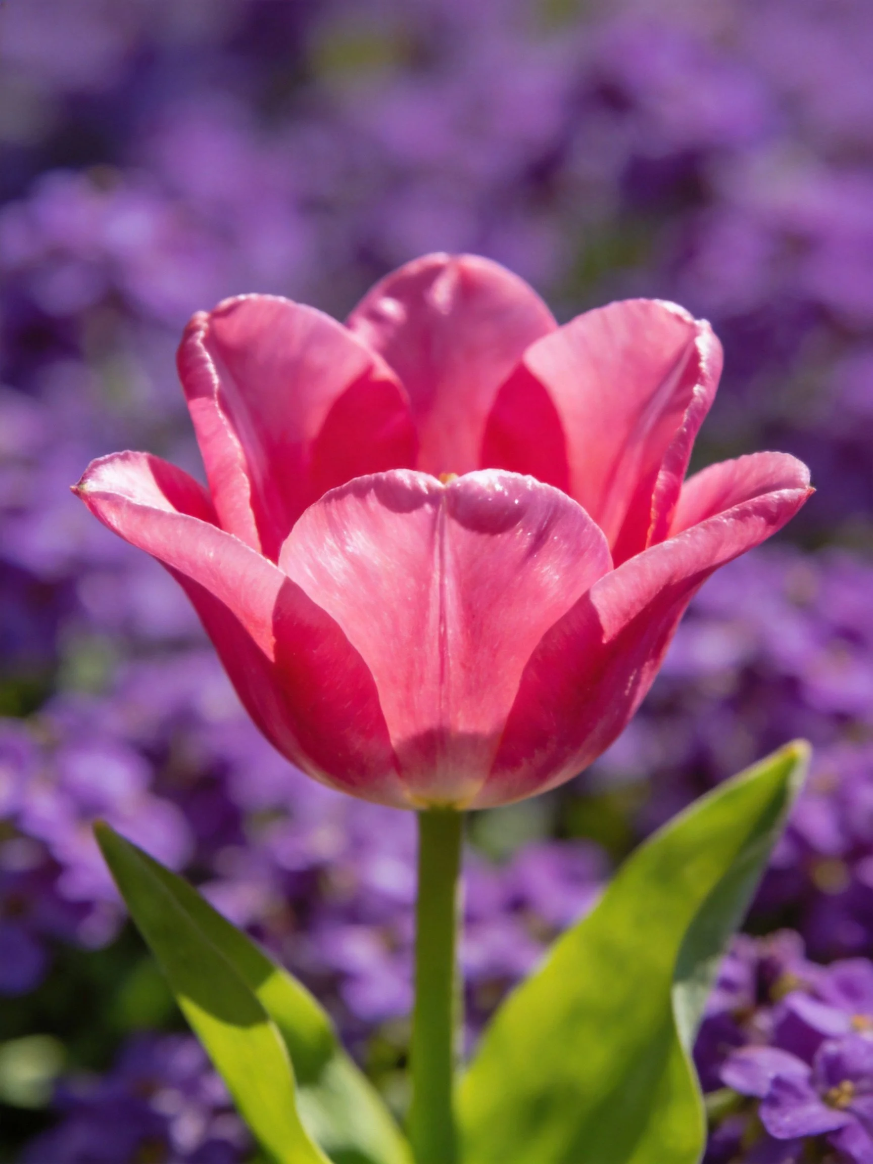 Vibrant pink tulip centered amid purple floral backdrop