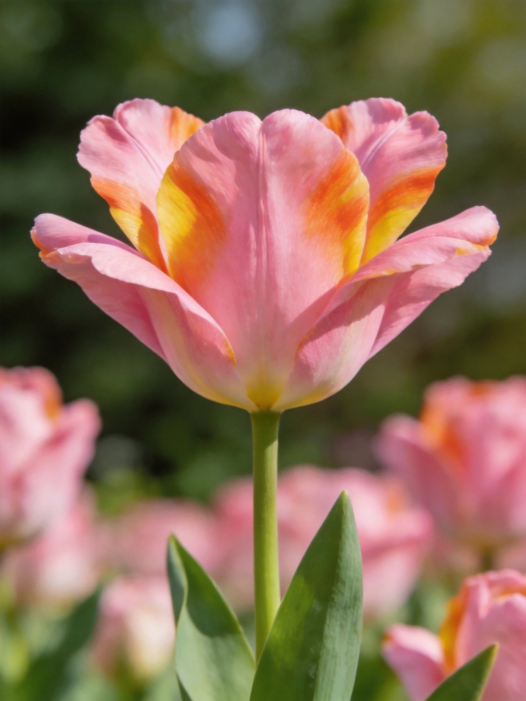 Vibrant pink tulip with orange-yellow streaks, surrounded by blurred blooms