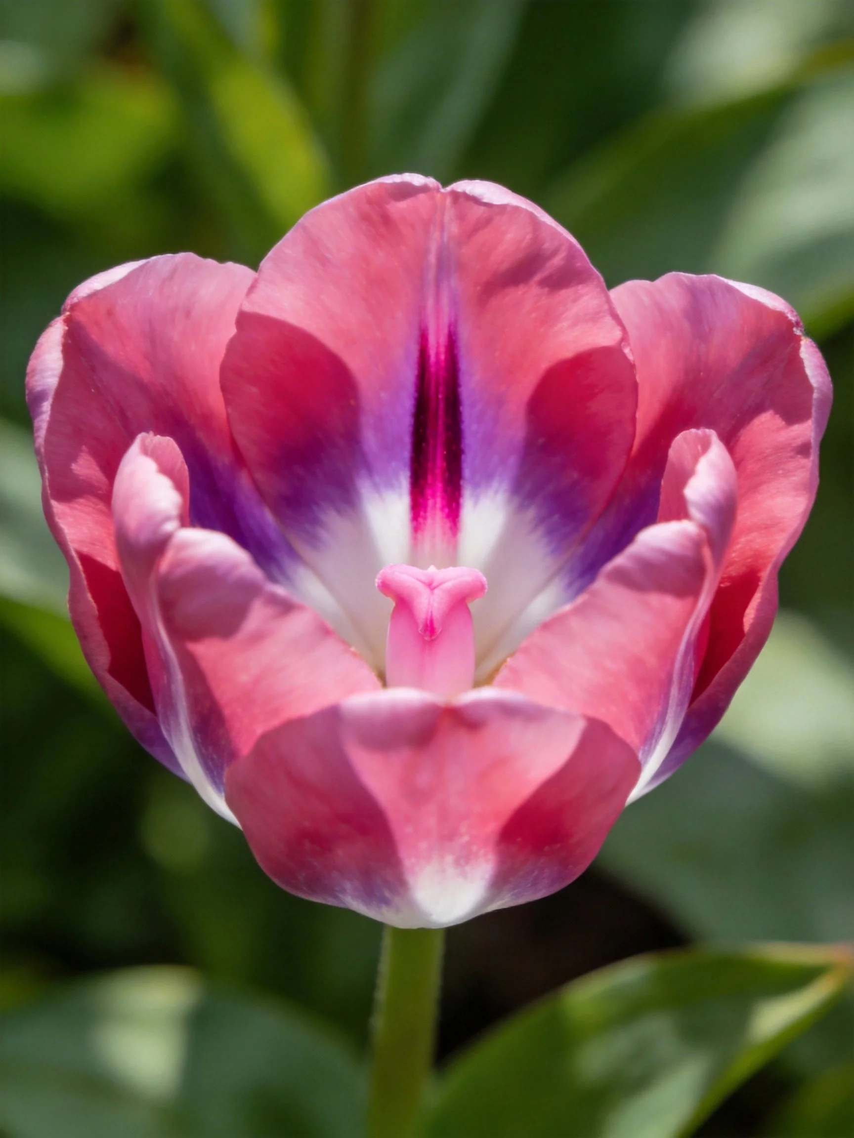 Vibrant pink tulip with purple and white center