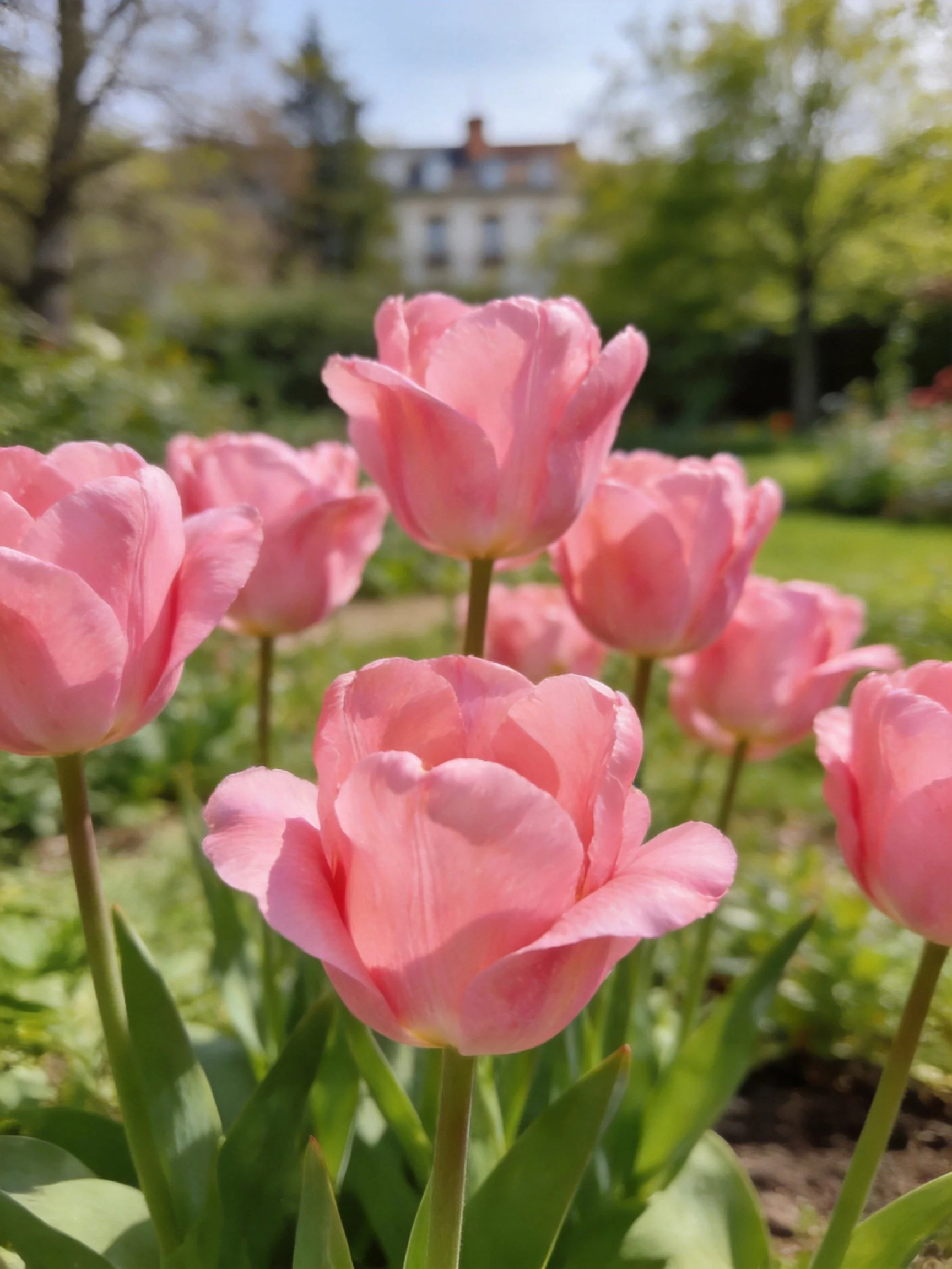 Vibrant pink tulips bloom abundantly in a sunlit garden
