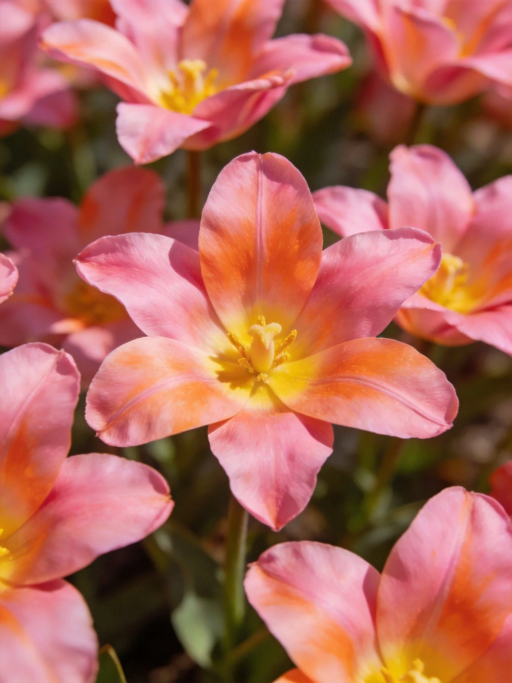 Vibrant pink tulips with orange-yellow centers blooming densely