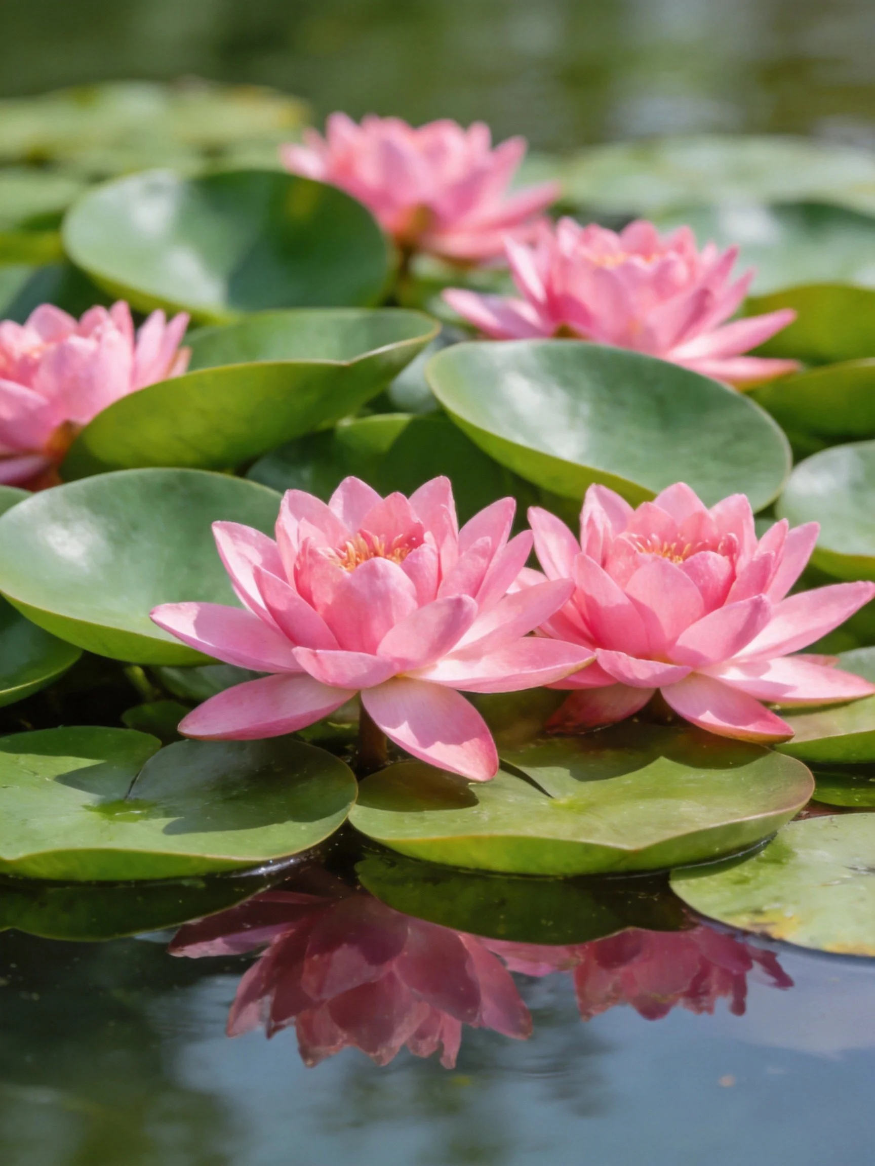 Vibrant pink water lilies bloom amid broad green lily pads on calm water