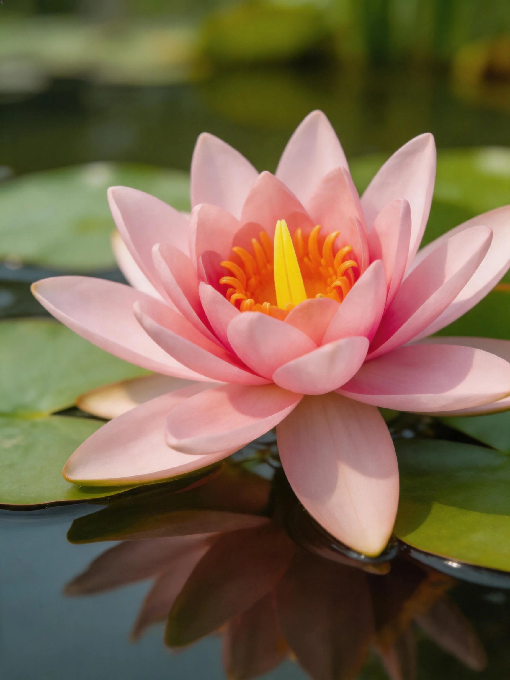 Vibrant pink water lily blooming on calm water with green lily pads