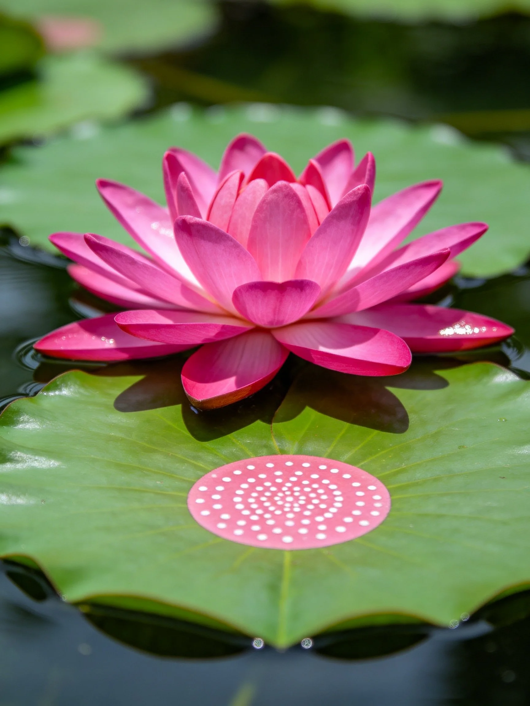 Vibrant pink water lily blooming on large green lily pad