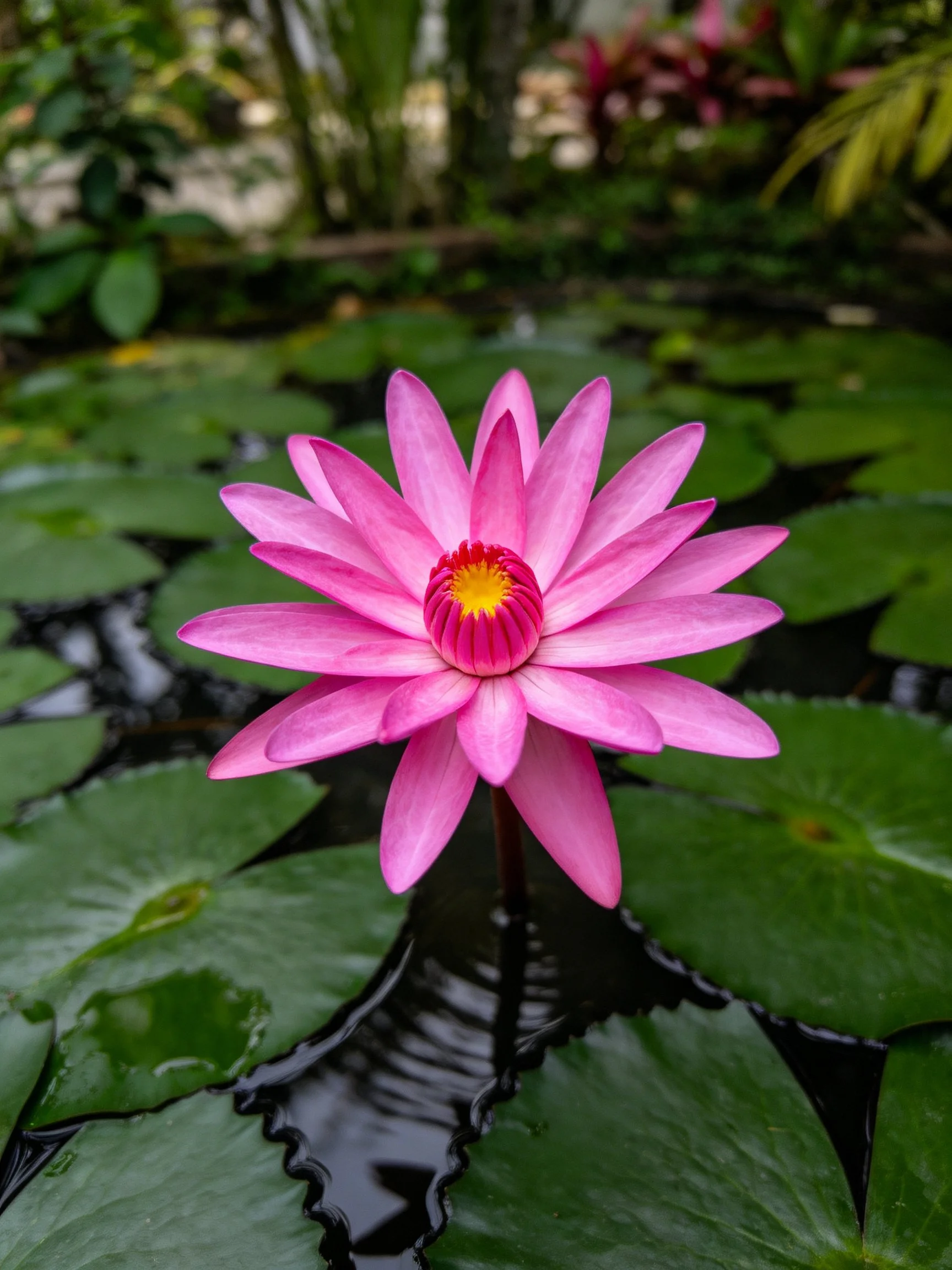 Vibrant pink water lily blooms amid large green lily pads