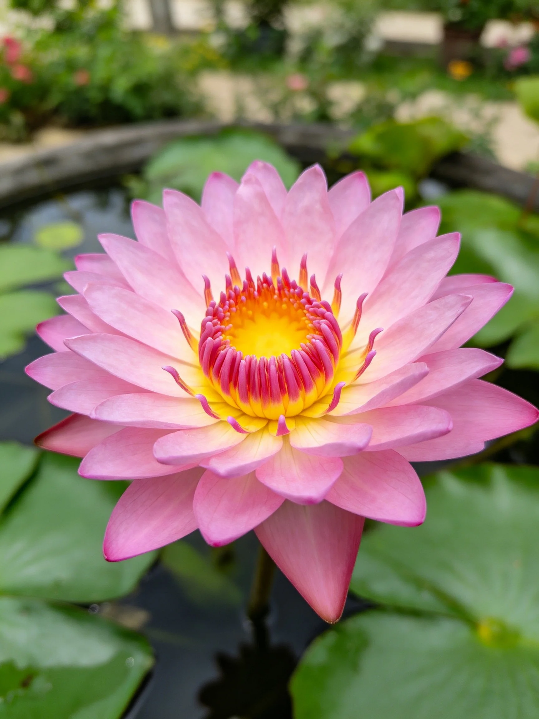 Vibrant pink water lily centered amid green lily pads in a pond
