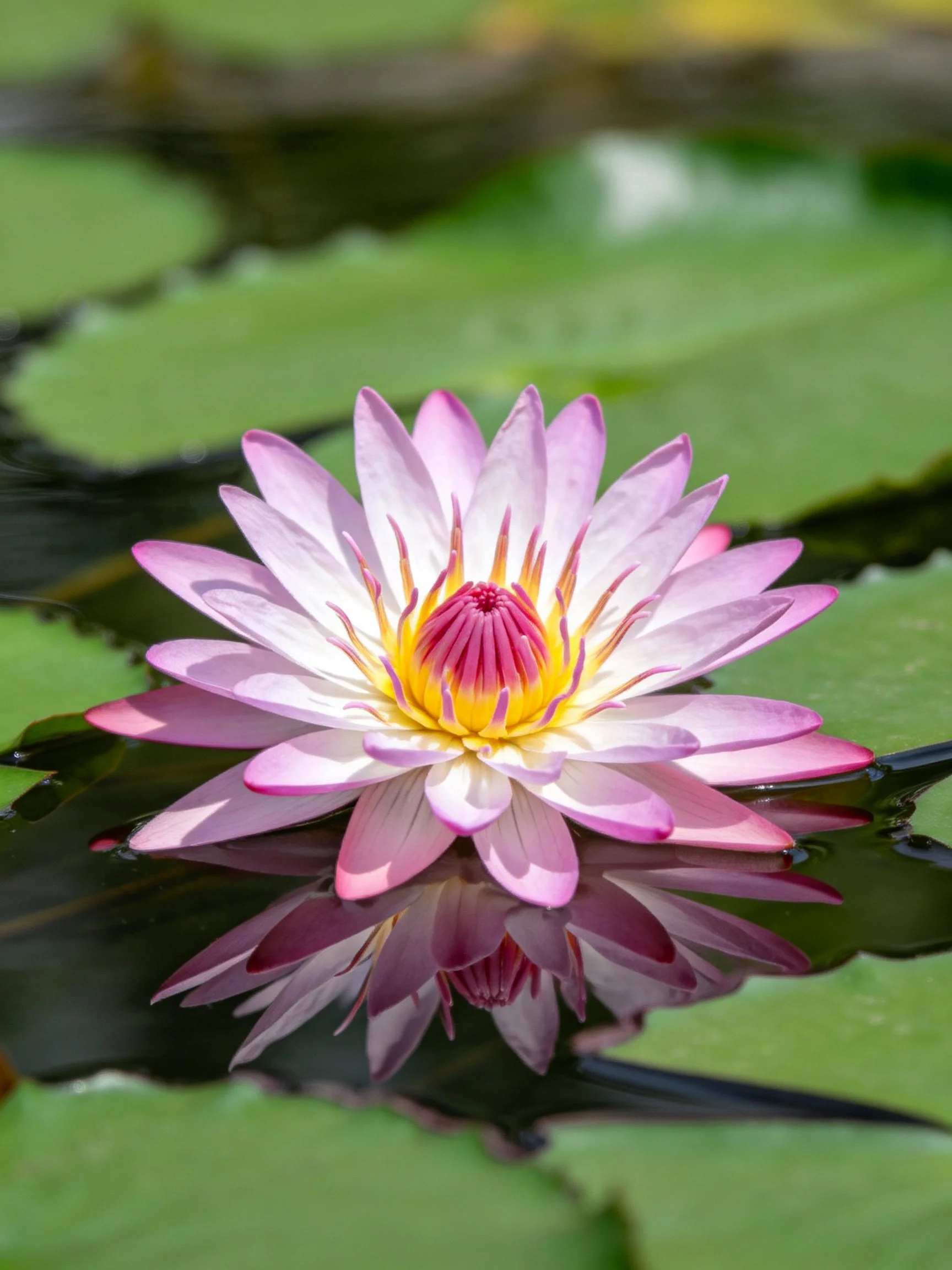 Vibrant pink water lily floating among green lily pads on still water
