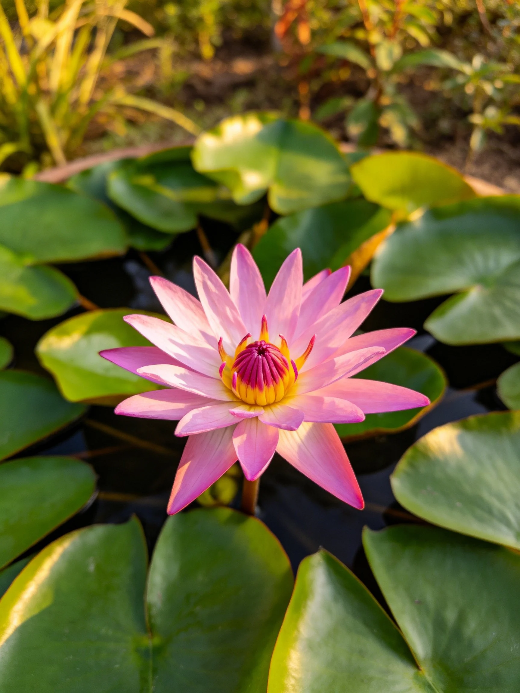 Vibrant pink water lily surrounded by broad green leaves