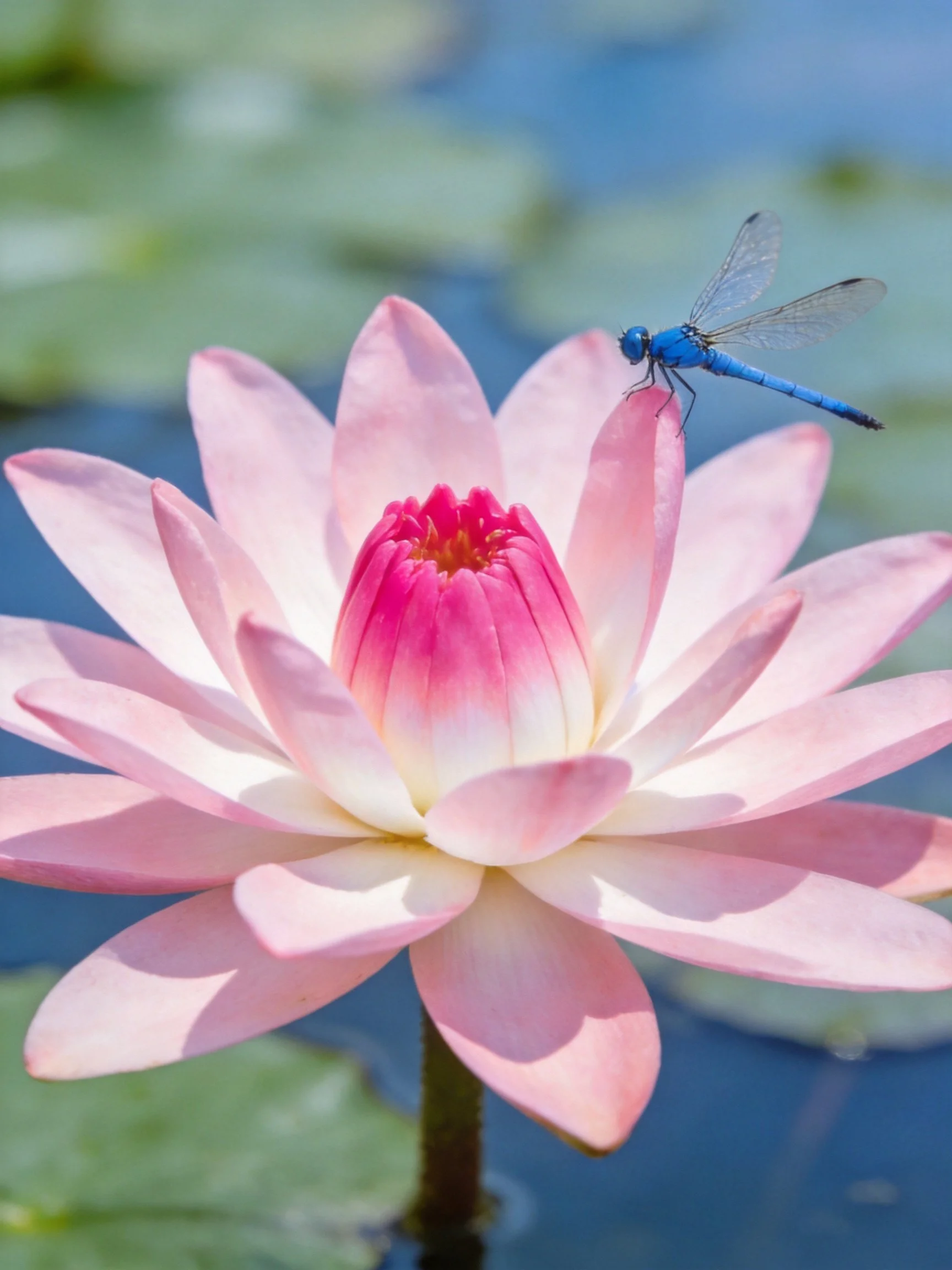 Vibrant pink water lily with a blue dragonfly