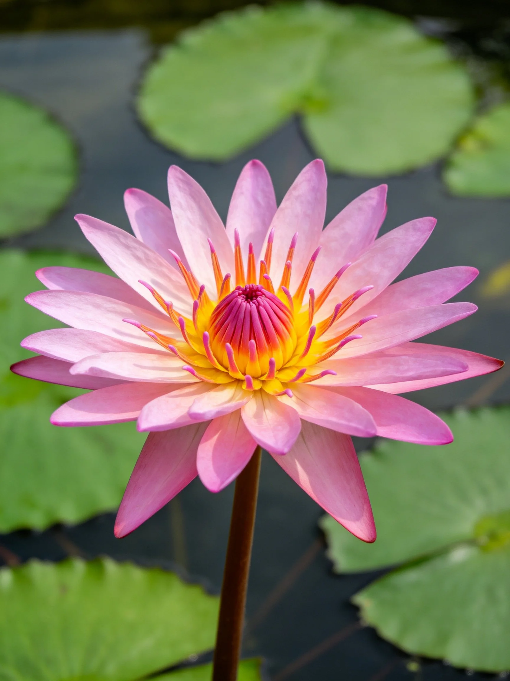 Vibrant pink water lily with yellow center amid green pads