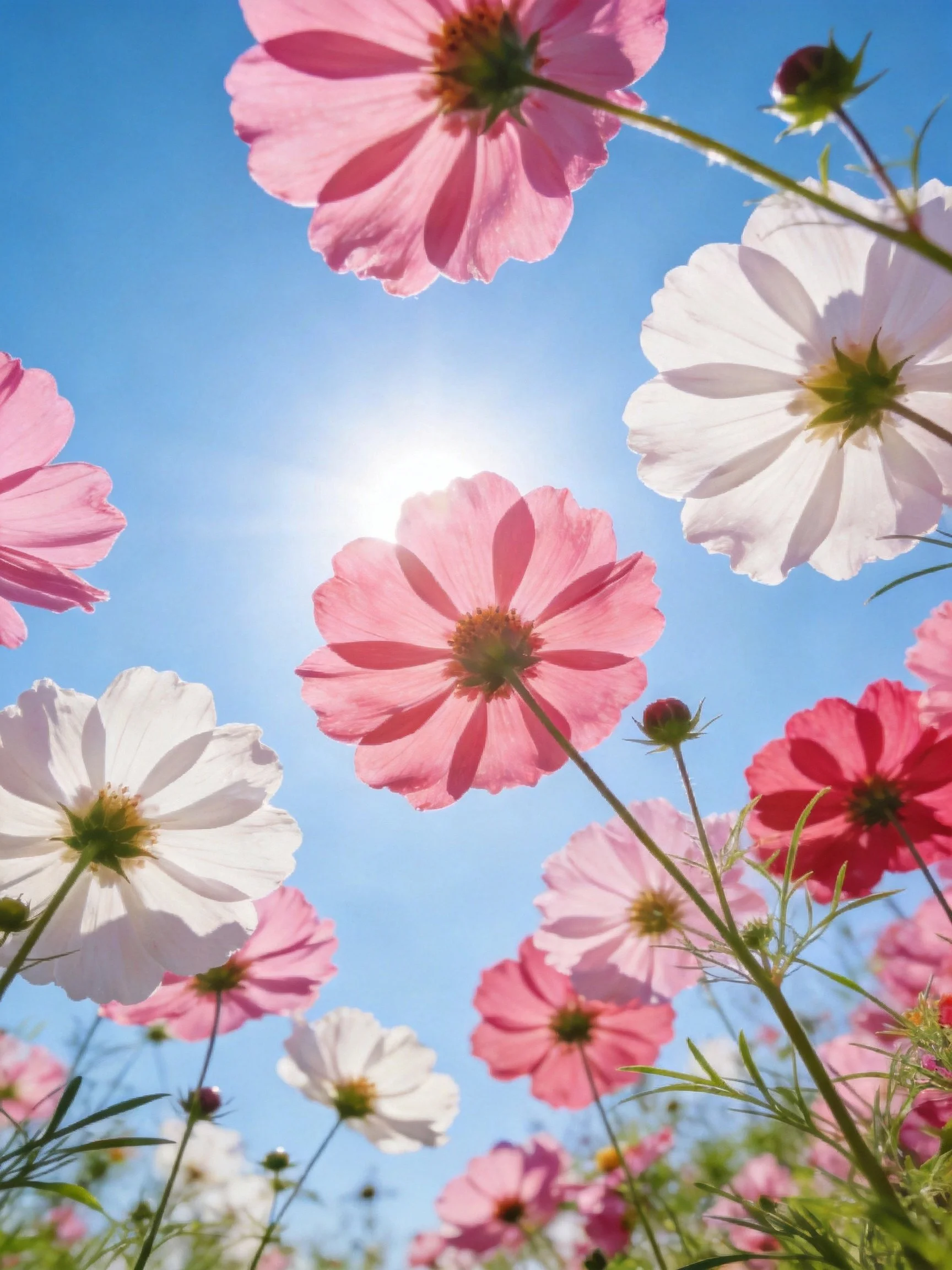 Vibrant pink, white, red cosmos flowers under sunny blue sky